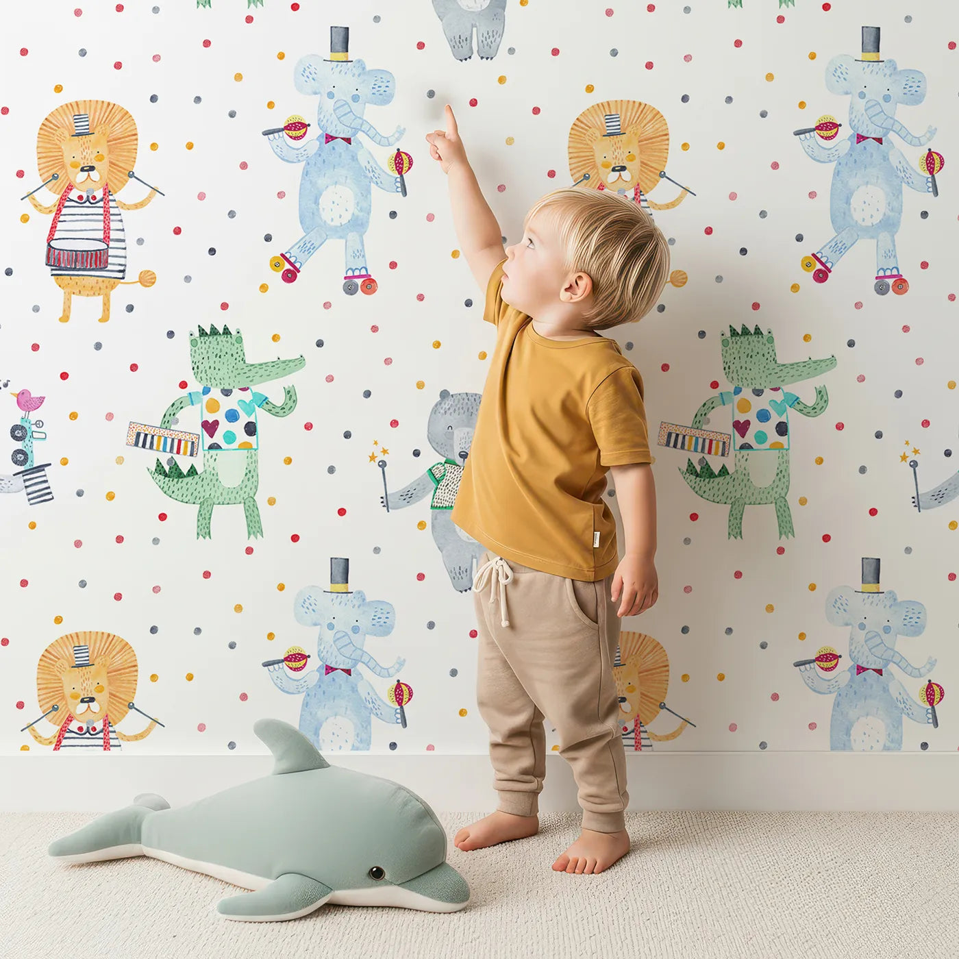 Lovely child standing in front of Whimsy Tots Animal Circus Parade Wallpaper with circus, animal, music, watercolor, magic in design.