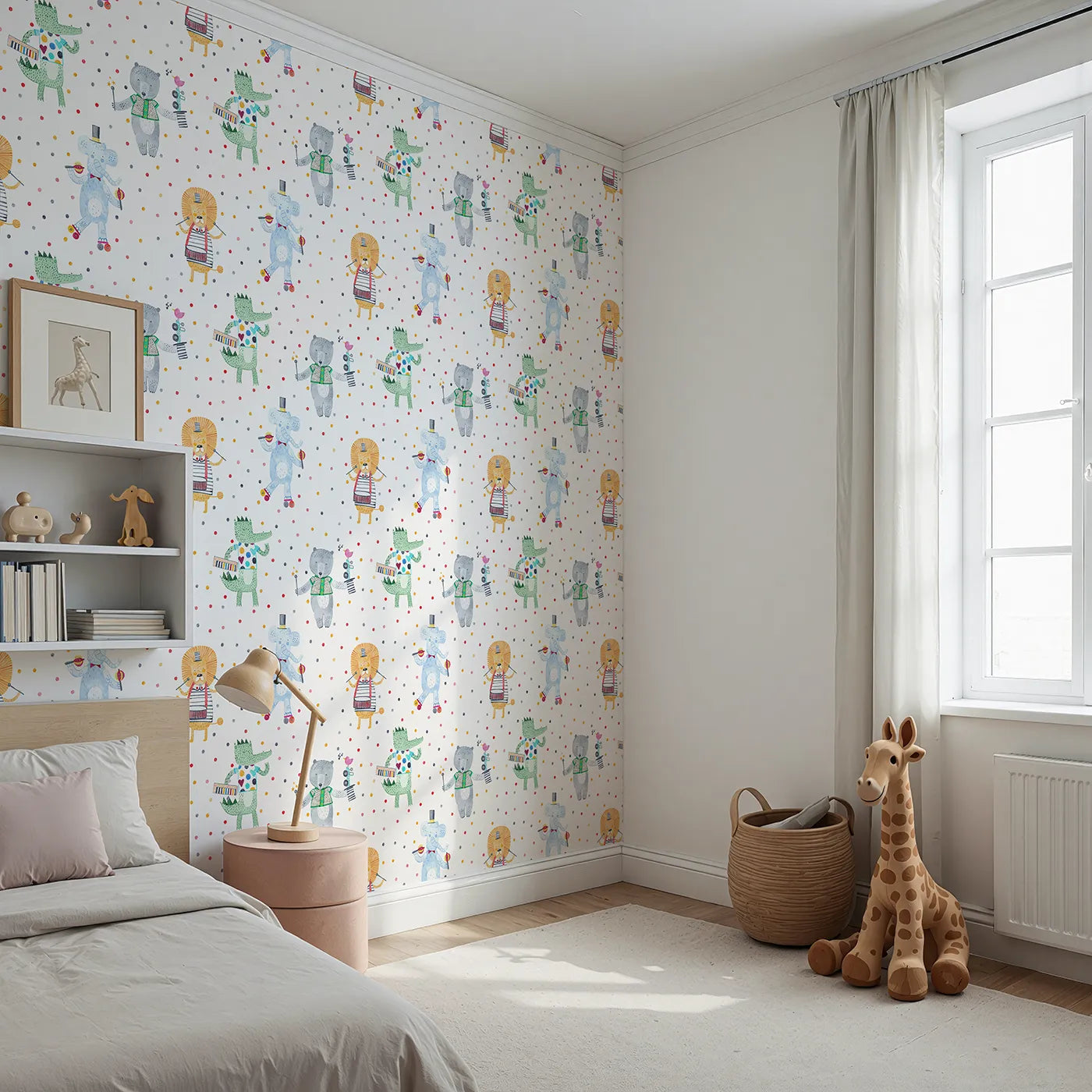 Angled view of Whimsy Tots' Animal Circus Parade Wallpaper (W2107).Where a talented troupe of animals is ready to perform.