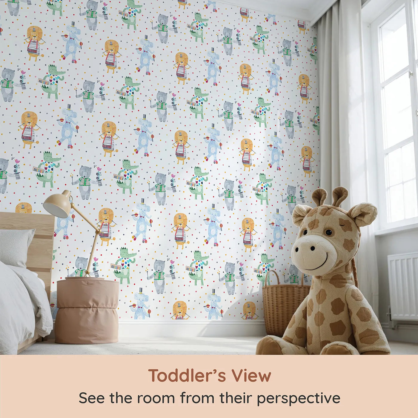 Whimsy Tots Animal Circus Parade Wallpaper (W2107) from your child's view.Where a talented troupe of animals is ready to perform.