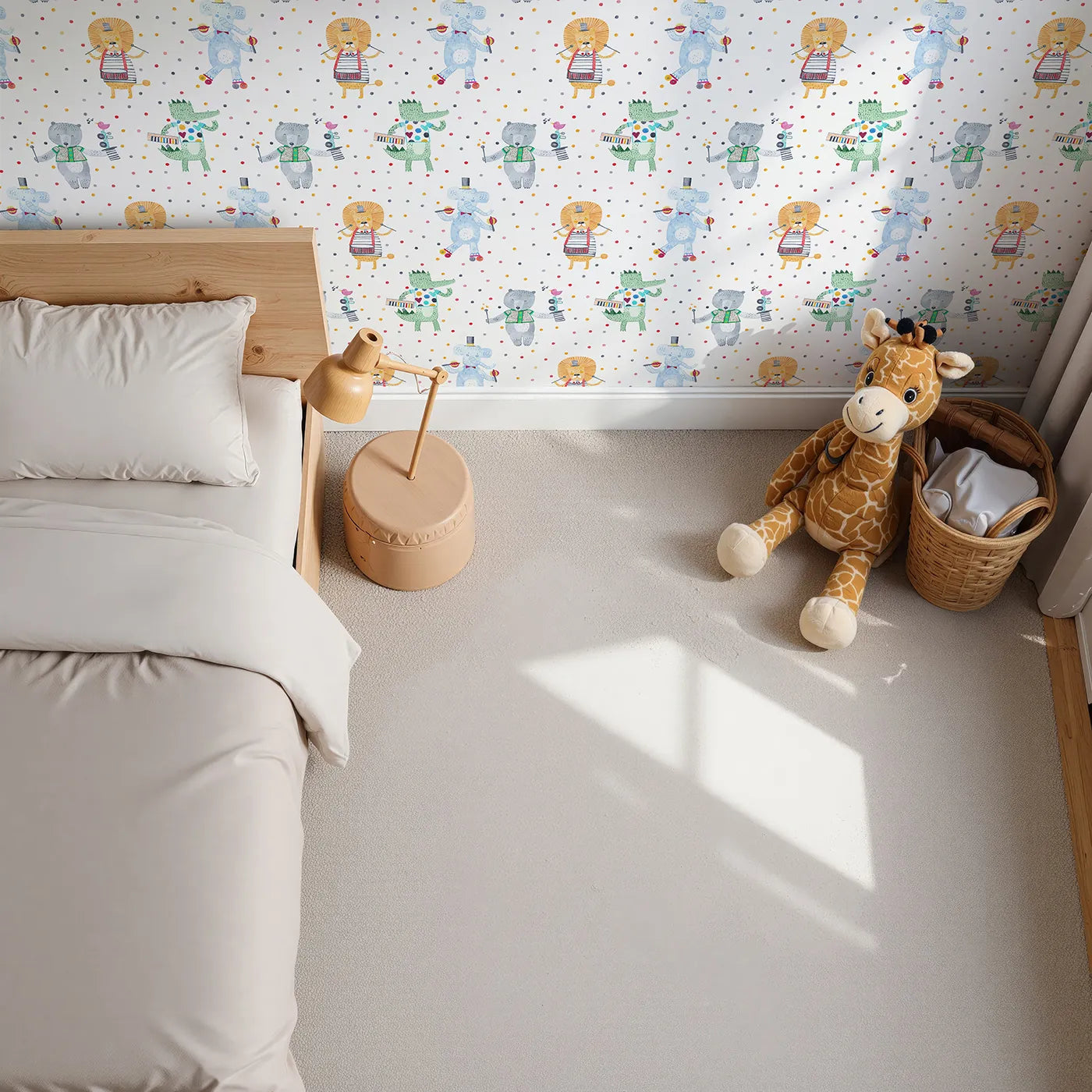 Top-Down view of Whimsy Tots' Animal Circus Parade Wallpaper (W2107).Where a talented troupe of animals is ready to perform.