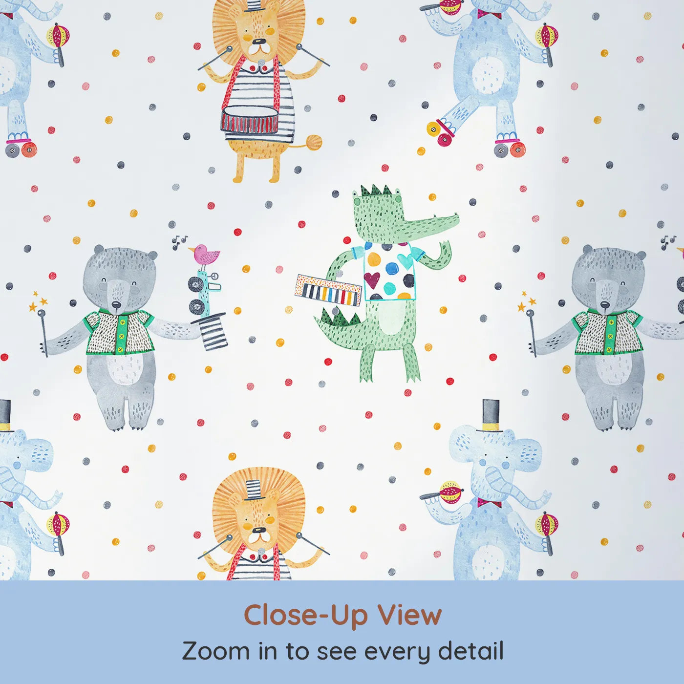 Close-up view of Whimsy Tots' Animal Circus Parade Wallpaper (W2107).Where a talented troupe of animals is ready to perform.
