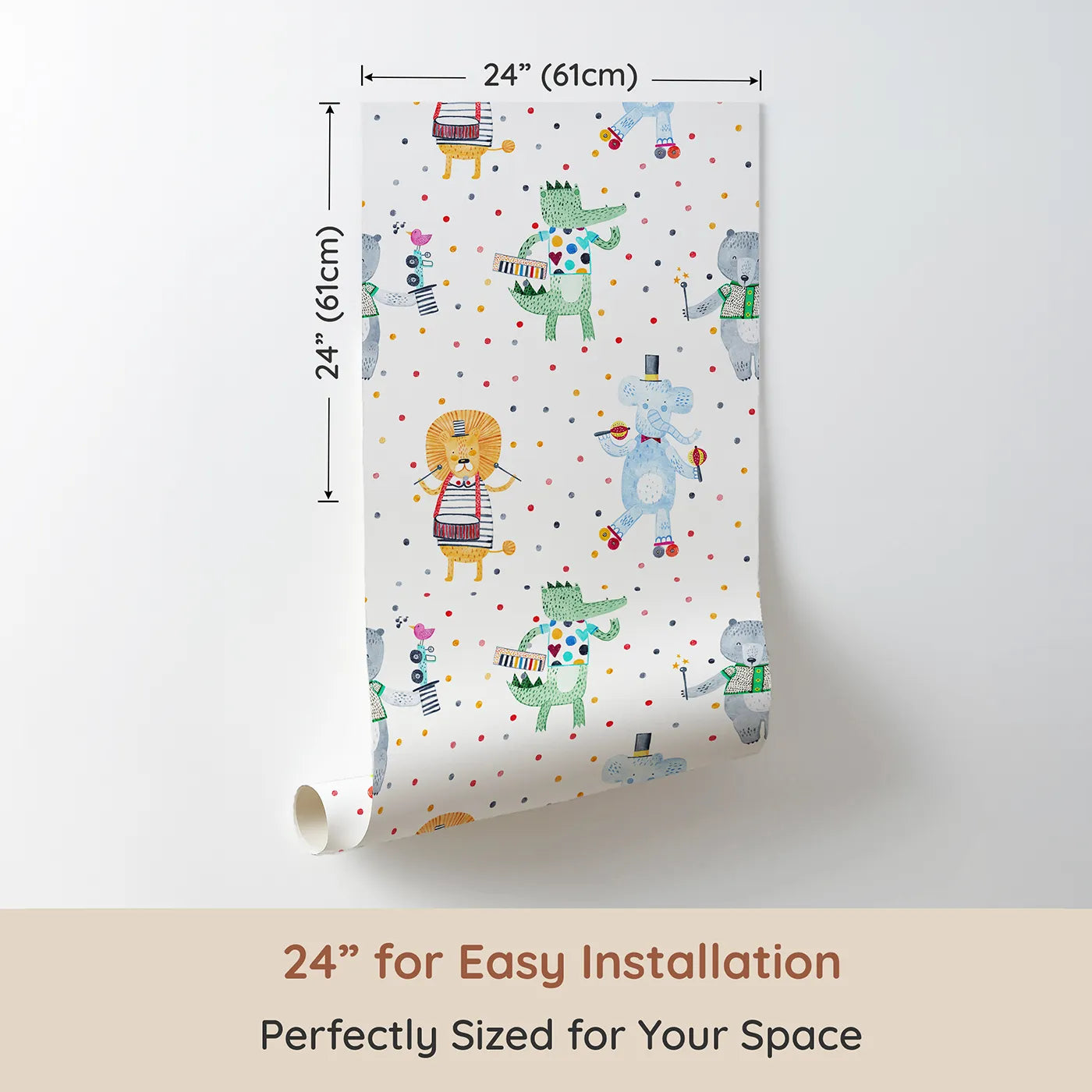 Dimension view of Whimsy Tots Animal Circus Parade Wallpaper (W2107). Printed in 24-inch-wide panel for easy installation. Where a talented troupe of animals is ready to perform.