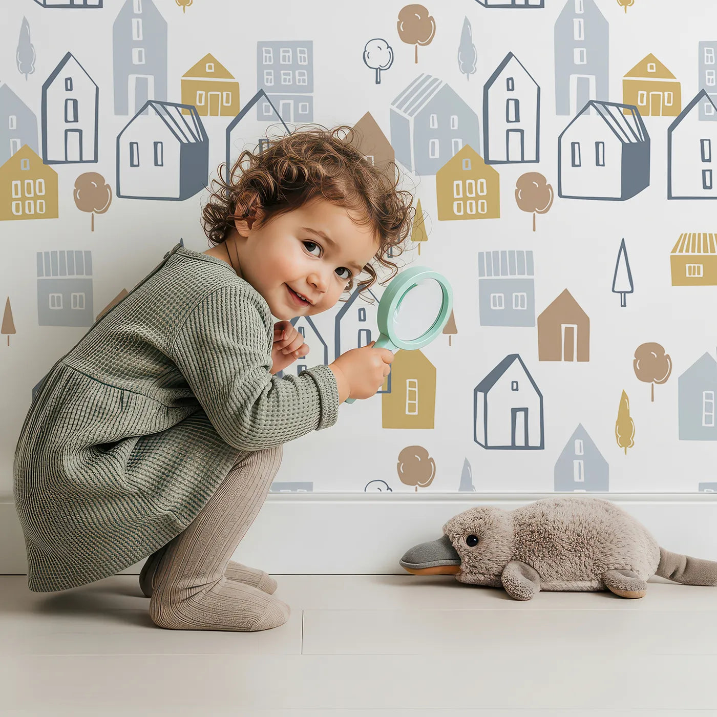Lovely child standing in front of Whimsy Tots Scandi Village Neighborhood Wallpaper with house, village, city, modern, scandinavian in design.