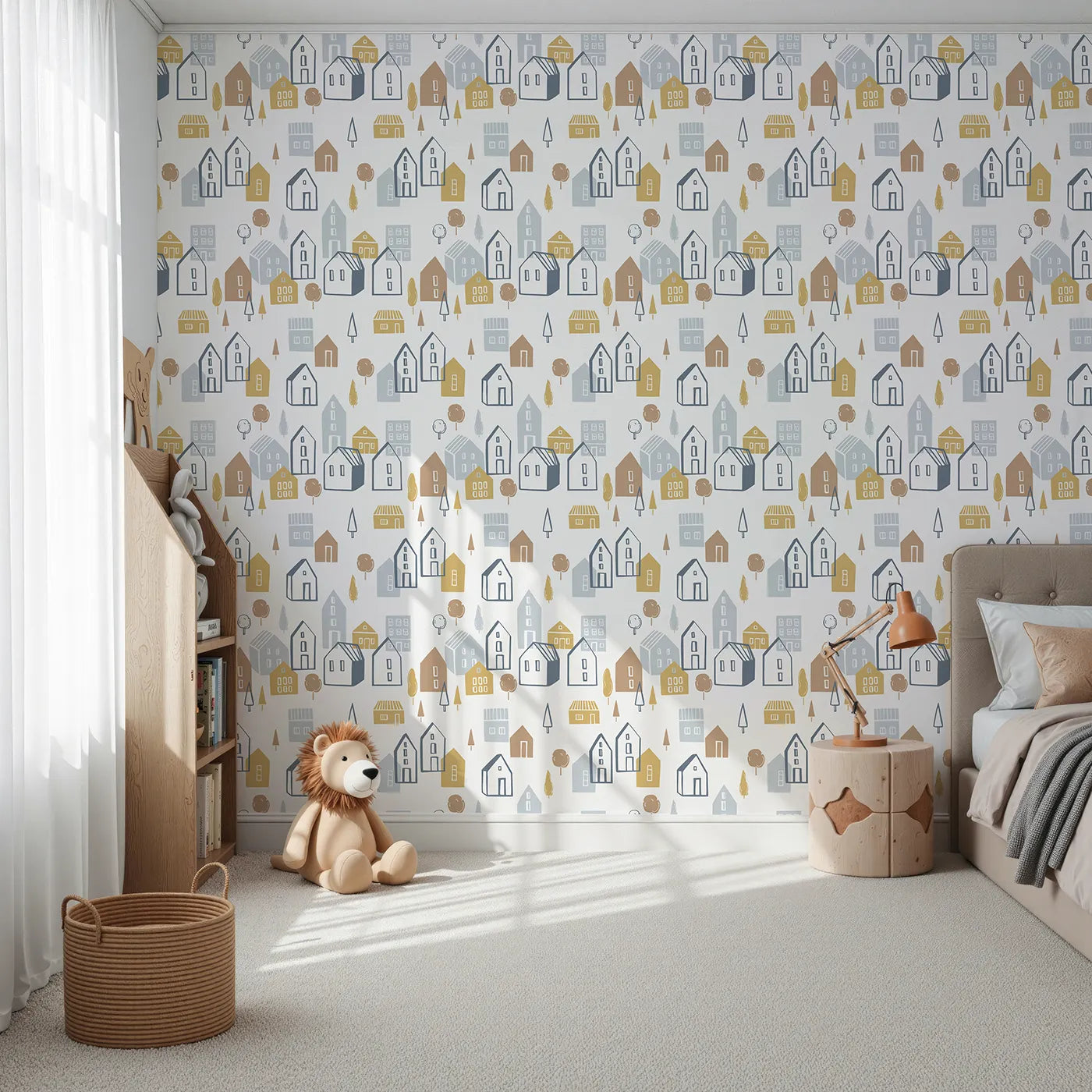 Front view of Whimsy Tots' Scandi Village Neighborhood Wallpaper
