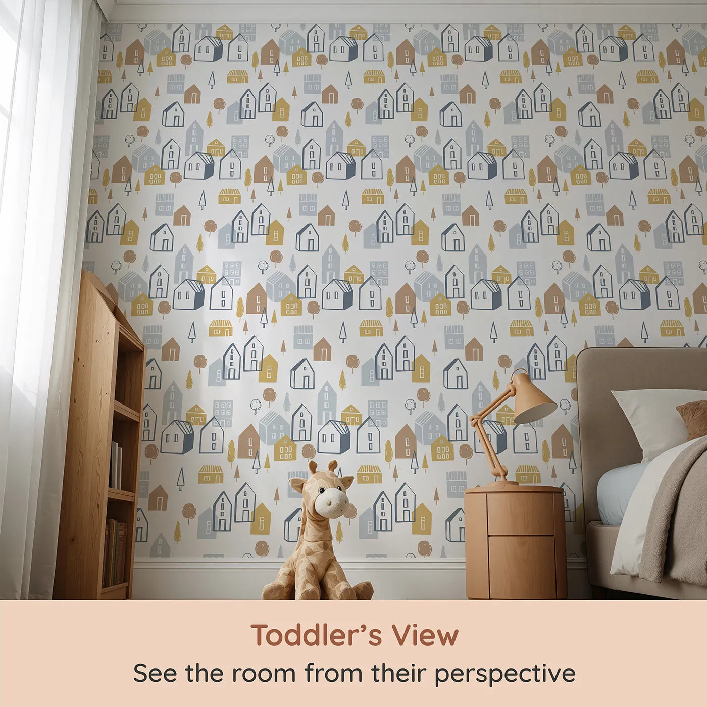 Whimsy Tots Scandi Village Neighborhood Wallpaper (W2108) from your child's view.Where simple, stylish houses create the sweetest neighborhood.