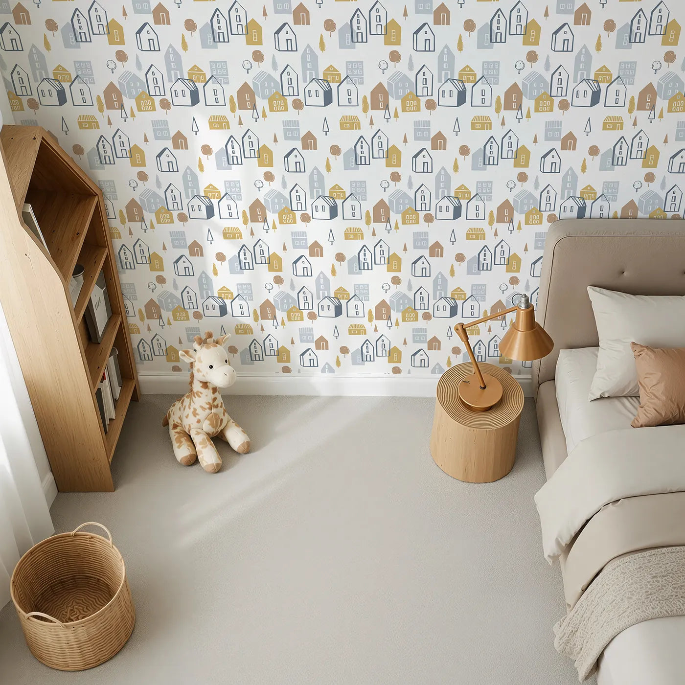 Top-Down view of Whimsy Tots' Scandi Village Neighborhood Wallpaper (W2108).Where simple, stylish houses create the sweetest neighborhood.
