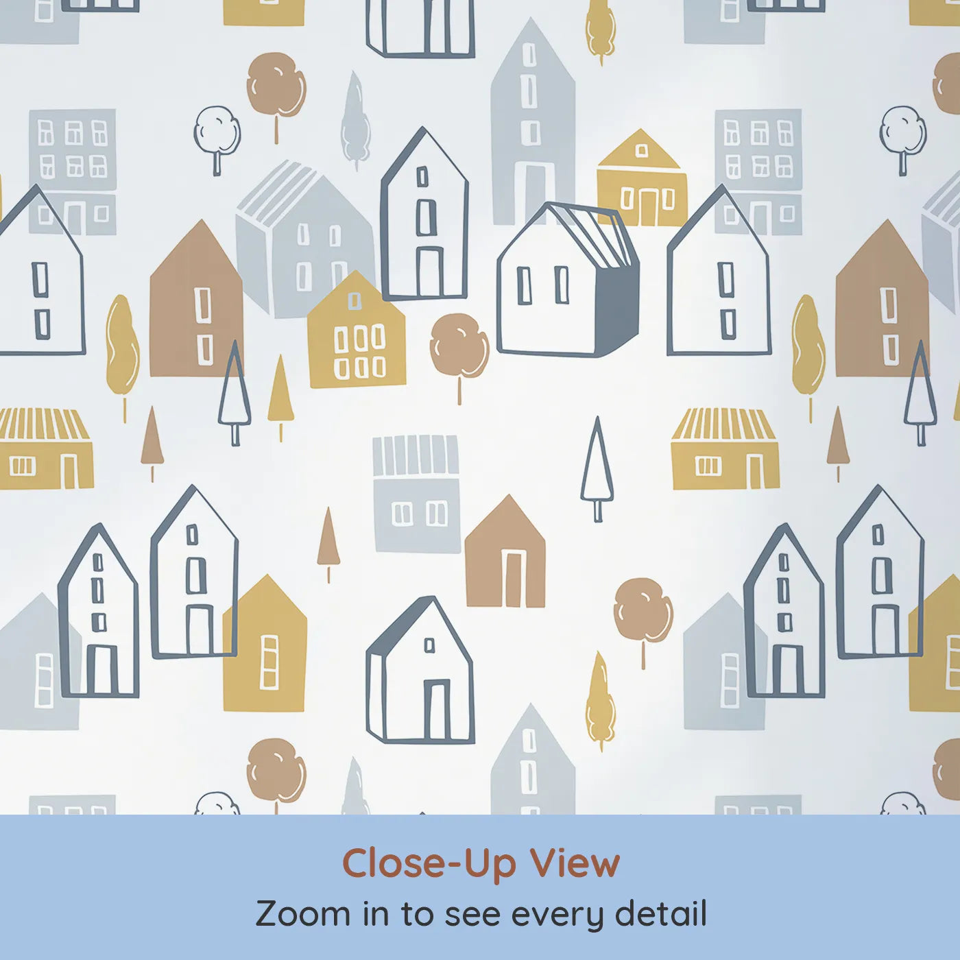 Close-up view of Whimsy Tots' Scandi Village Neighborhood Wallpaper (W2108).Where simple, stylish houses create the sweetest neighborhood.
