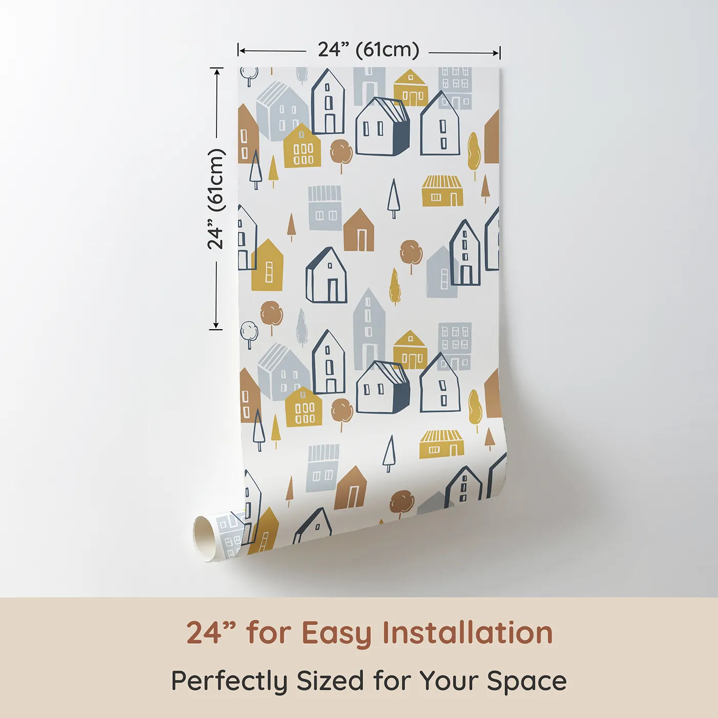 Dimension view of Whimsy Tots Scandi Village Neighborhood Wallpaper (W2108). Printed in 24-inch-wide panel for easy installation. Where simple, stylish houses create the sweetest neighborhood.