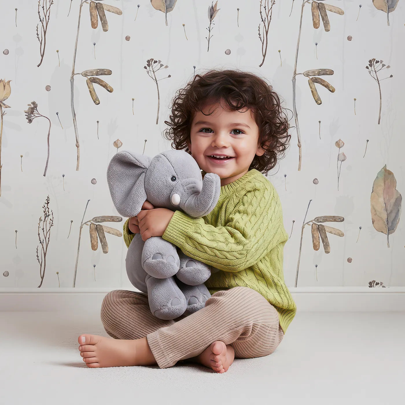 Lovely child standing in front of Whimsy Tots Dried Autumn Botanicals Wallpaper with botanical, flower, leaf, autumn, watercolor in design.