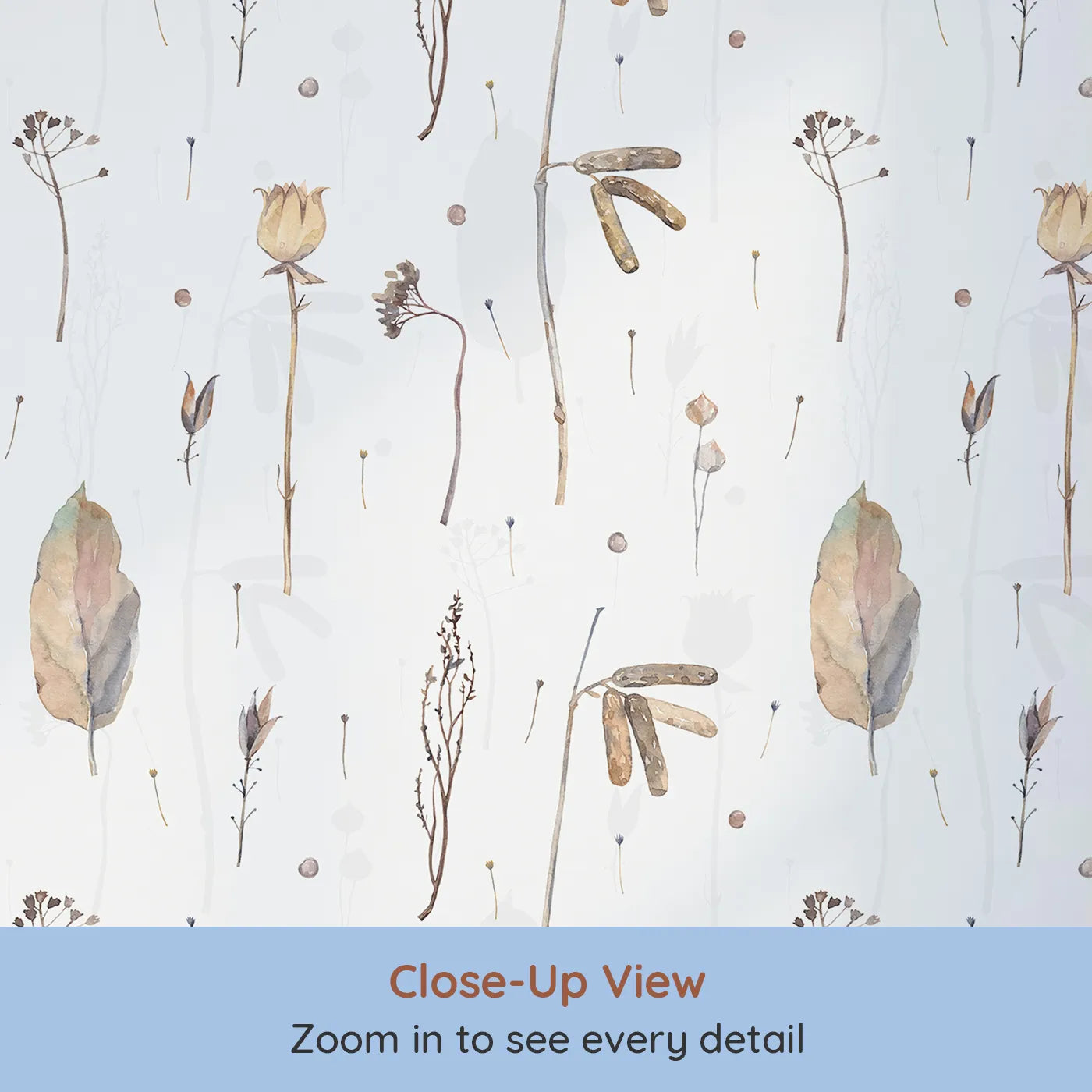 Close-up view of Whimsy Tots' Dried Autumn Botanicals Wallpaper (W2109).Where the delicate beauty of autumn is preserved forever.