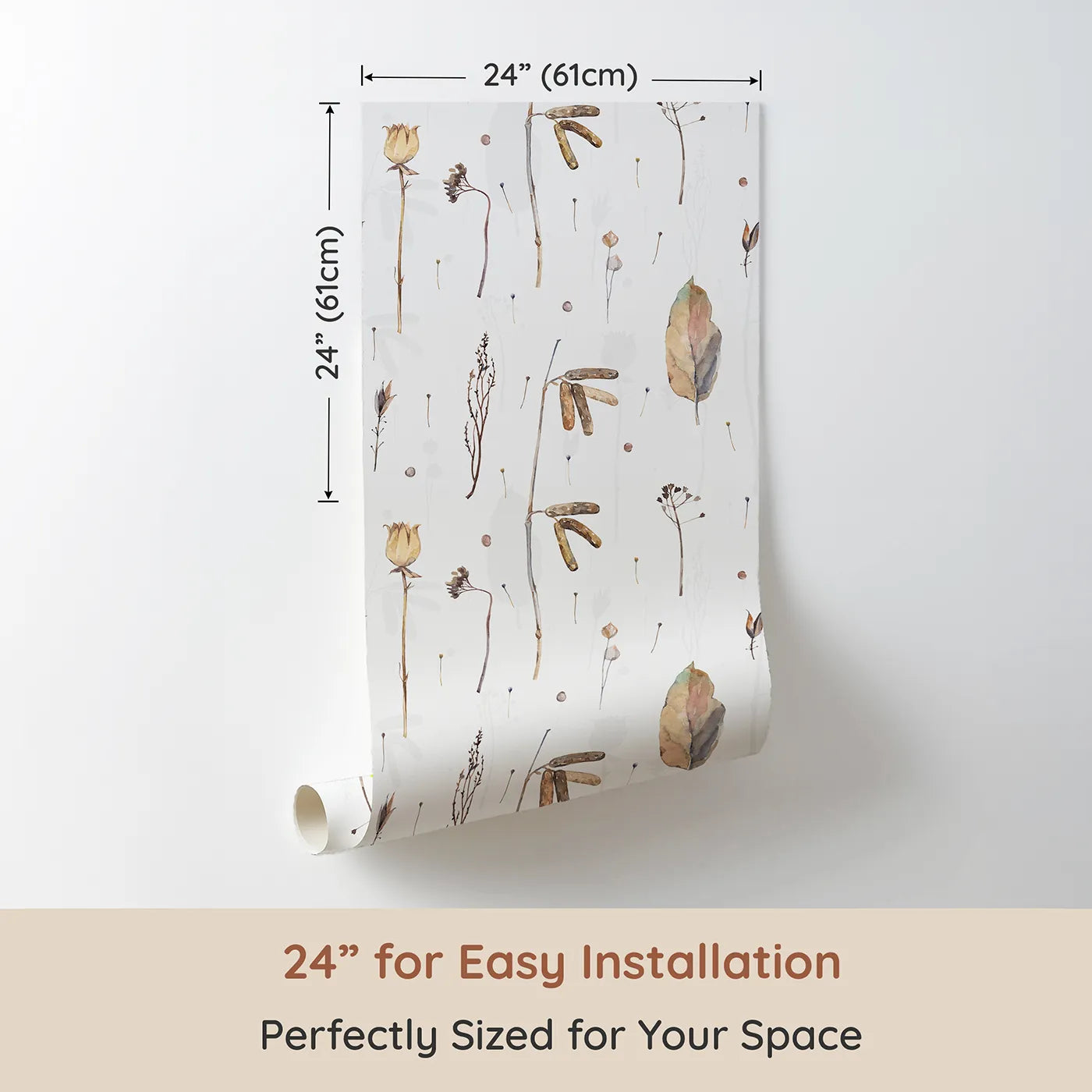 Dimension view of Whimsy Tots Dried Autumn Botanicals Wallpaper (W2109). Printed in 24-inch-wide panel for easy installation. Where the delicate beauty of autumn is preserved forever.