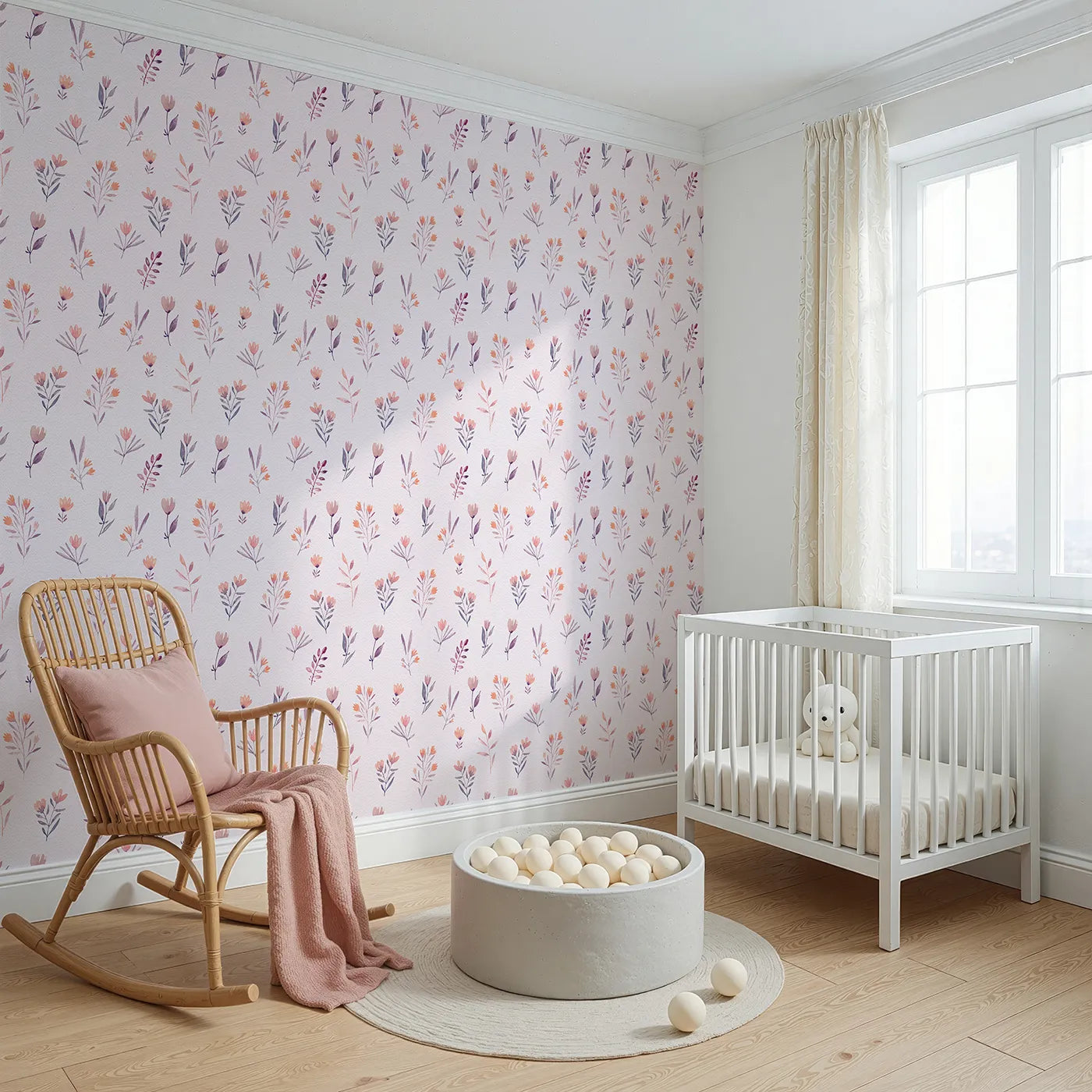 Angled view of Whimsy Tots' Pastel Watercolor Sprigs Wallpaper (W2110).Where gentle floral sprigs float on a soft, dotted breeze.