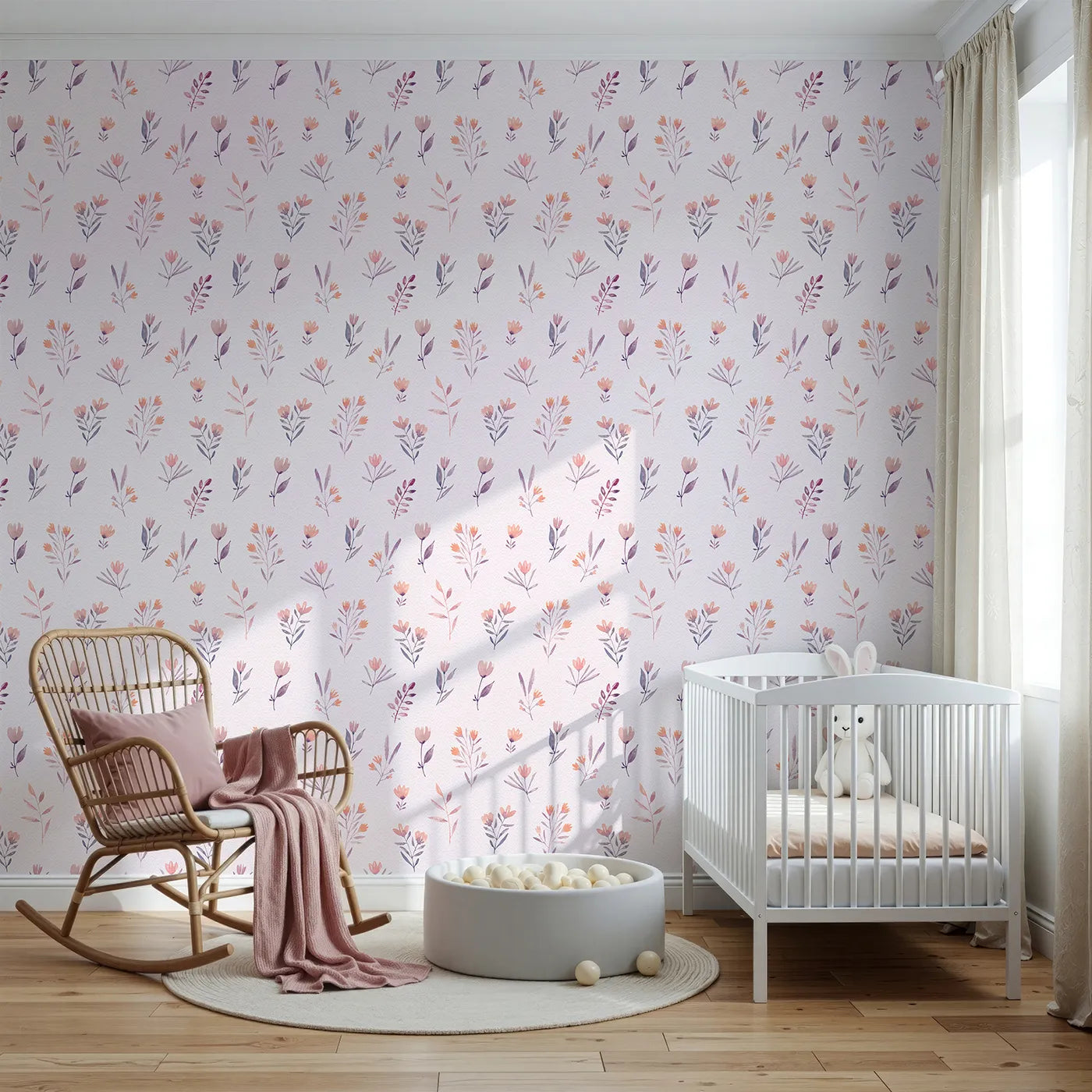 Front view of Whimsy Tots' Pastel Watercolor Sprigs Wallpaper