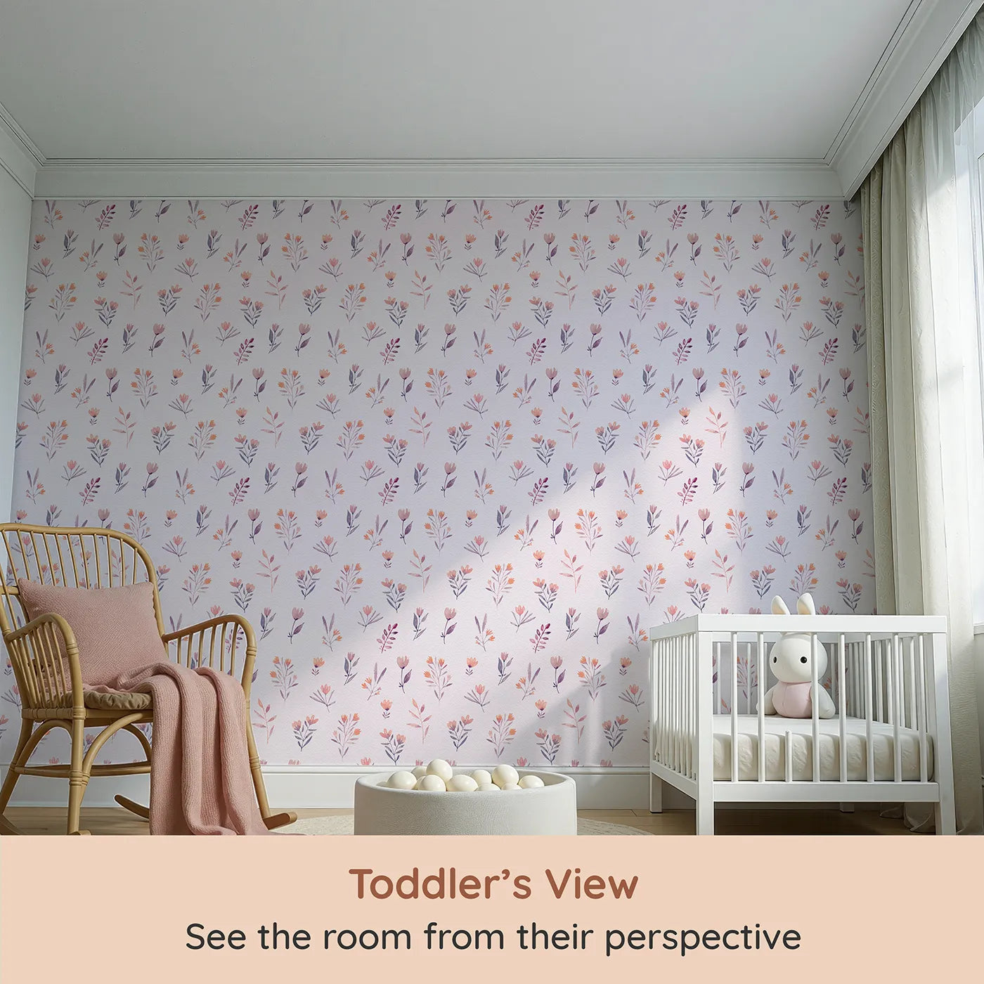 Whimsy Tots Pastel Watercolor Sprigs Wallpaper (W2110) from your child's view.Where gentle floral sprigs float on a soft, dotted breeze.