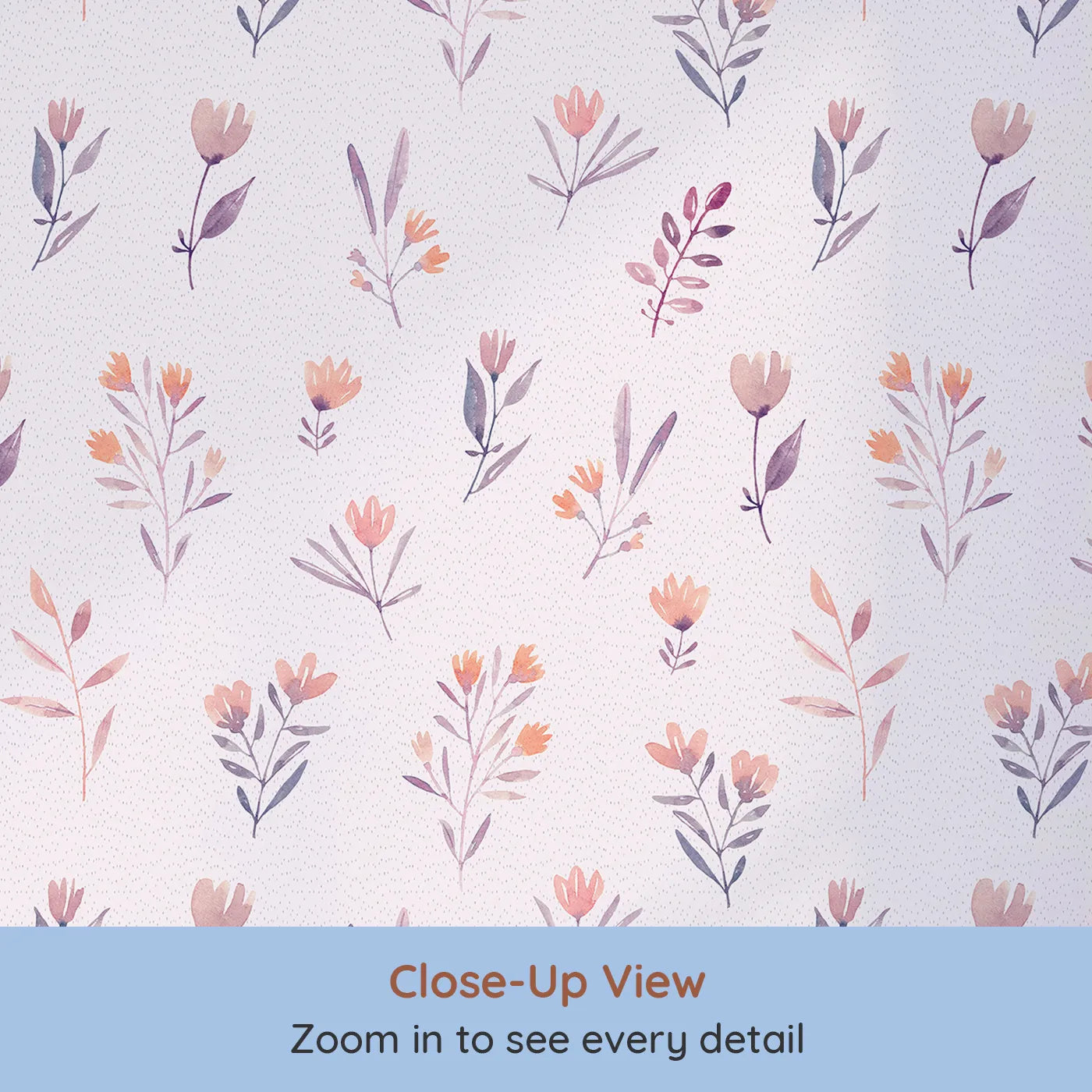 Close-up view of Whimsy Tots' Pastel Watercolor Sprigs Wallpaper (W2110).Where gentle floral sprigs float on a soft, dotted breeze.