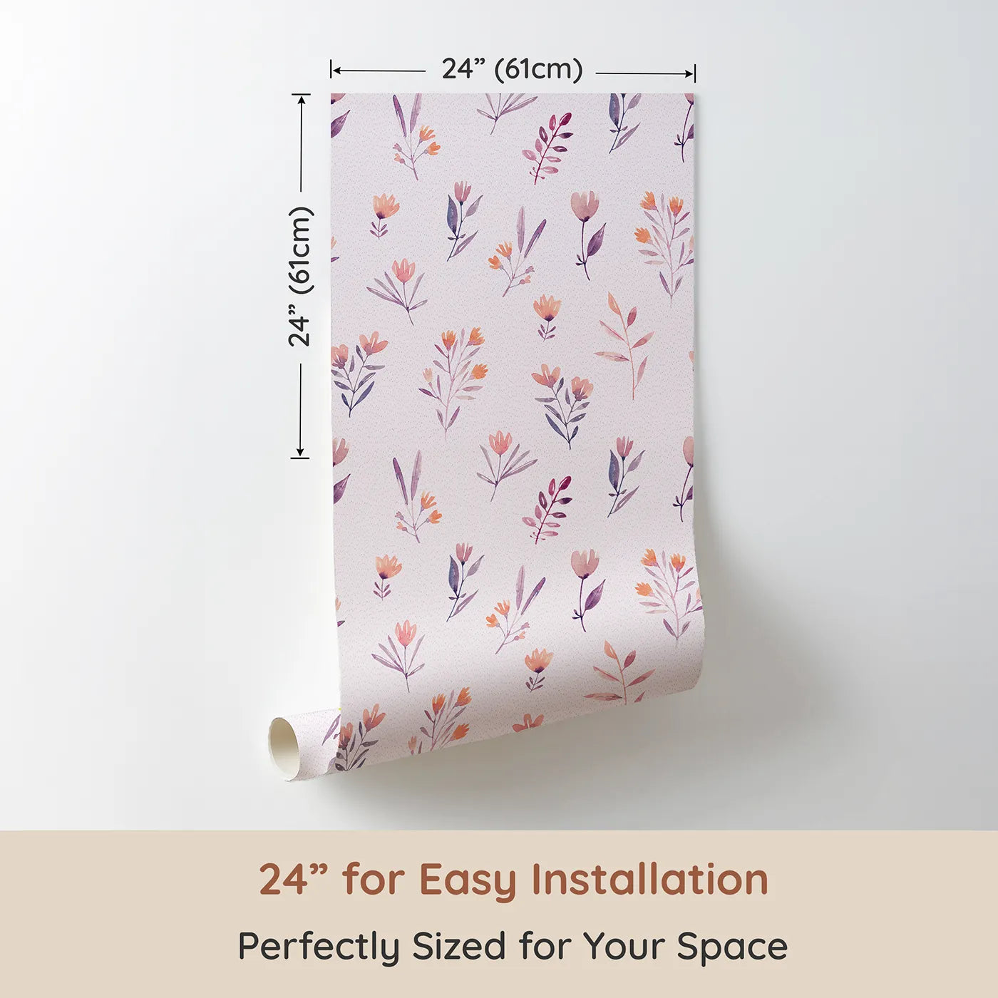 Dimension view of Whimsy Tots Pastel Watercolor Sprigs Wallpaper (W2110). Printed in 24-inch-wide panel for easy installation. Where gentle floral sprigs float on a soft, dotted breeze.