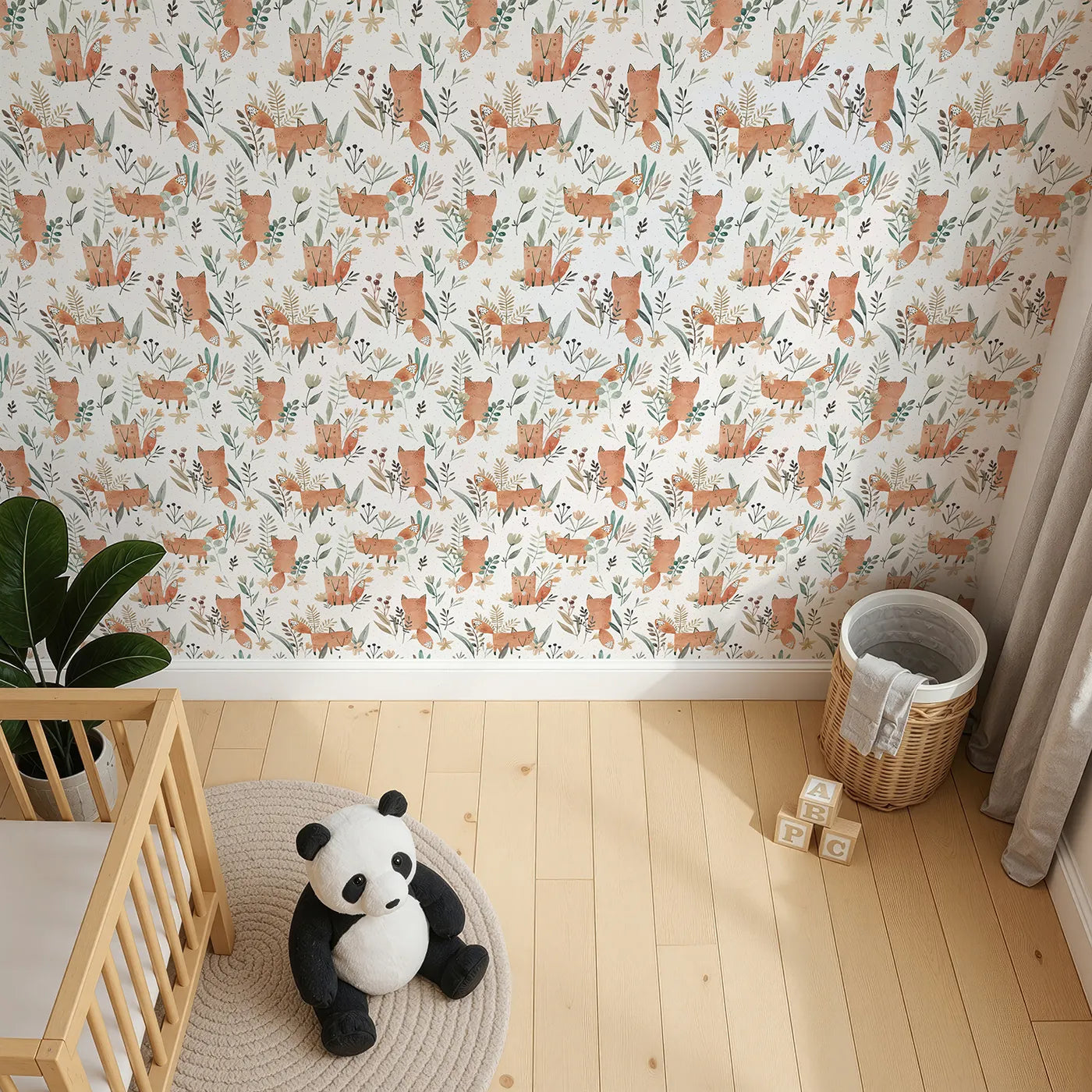 Top-Down view of Whimsy Tots' Watercolor Fox Meadow Wallpaper (W2111).Where clever little foxes play among the flowers and ferns.