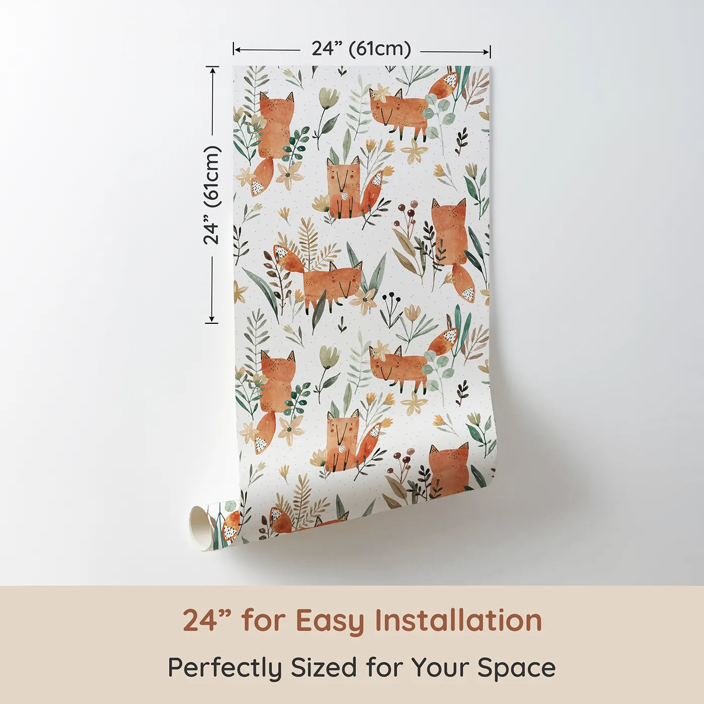 Dimension view of Whimsy Tots Watercolor Fox Meadow Wallpaper (W2111). Printed in 24-inch-wide panel for easy installation. Where clever little foxes play among the flowers and ferns.