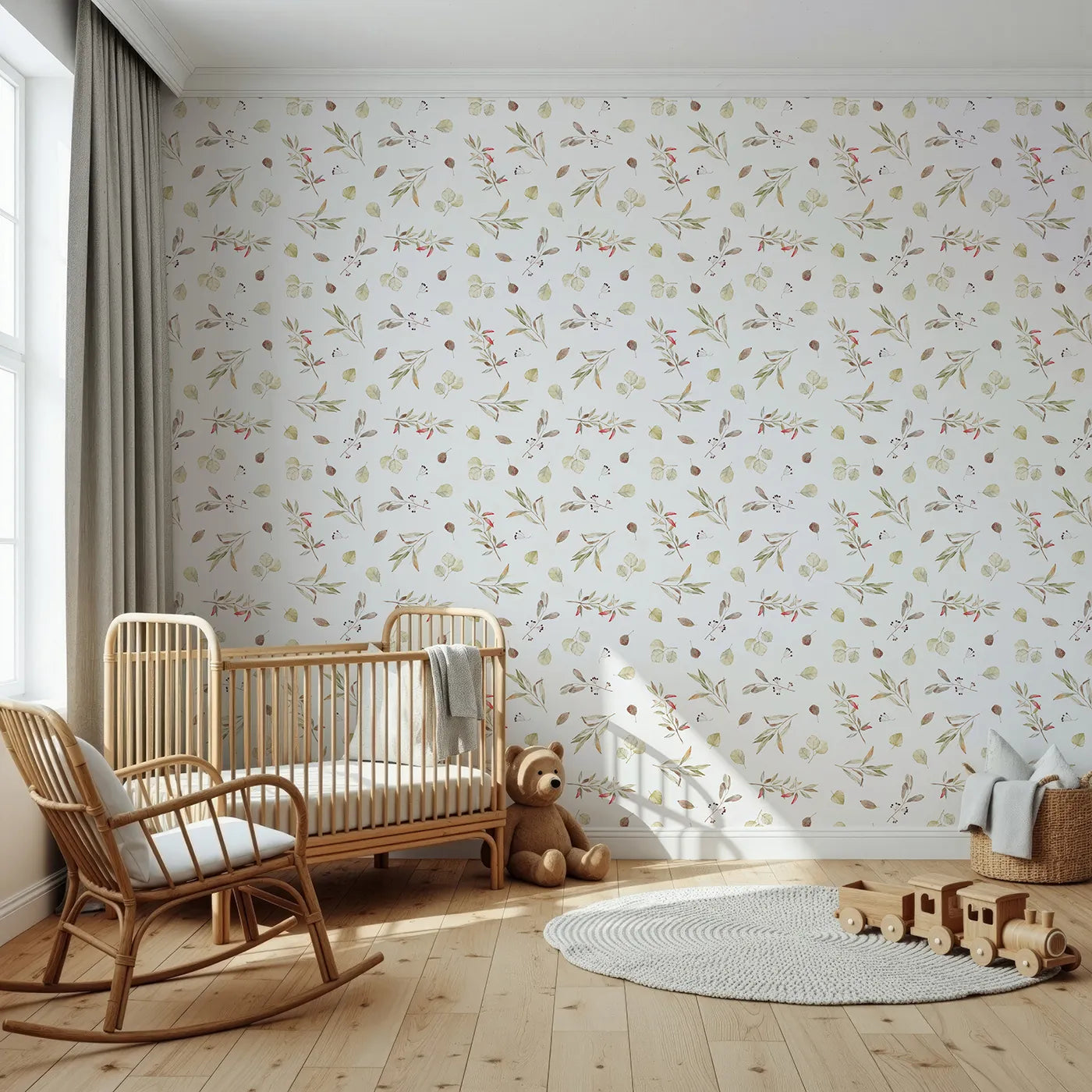 Front view of Whimsy Tots' Autumn Eucalyptus Leaves Wallpaper