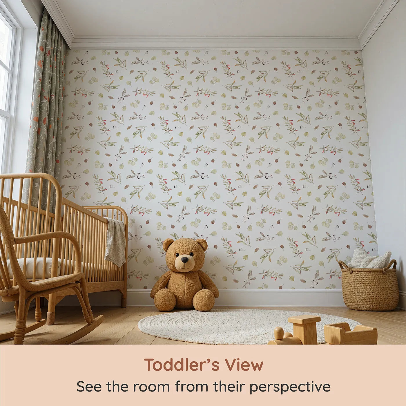 Whimsy Tots Autumn Eucalyptus Leaves Wallpaper (W2112) from your child's view.Where soft, painted leaves drift on a quiet breeze.