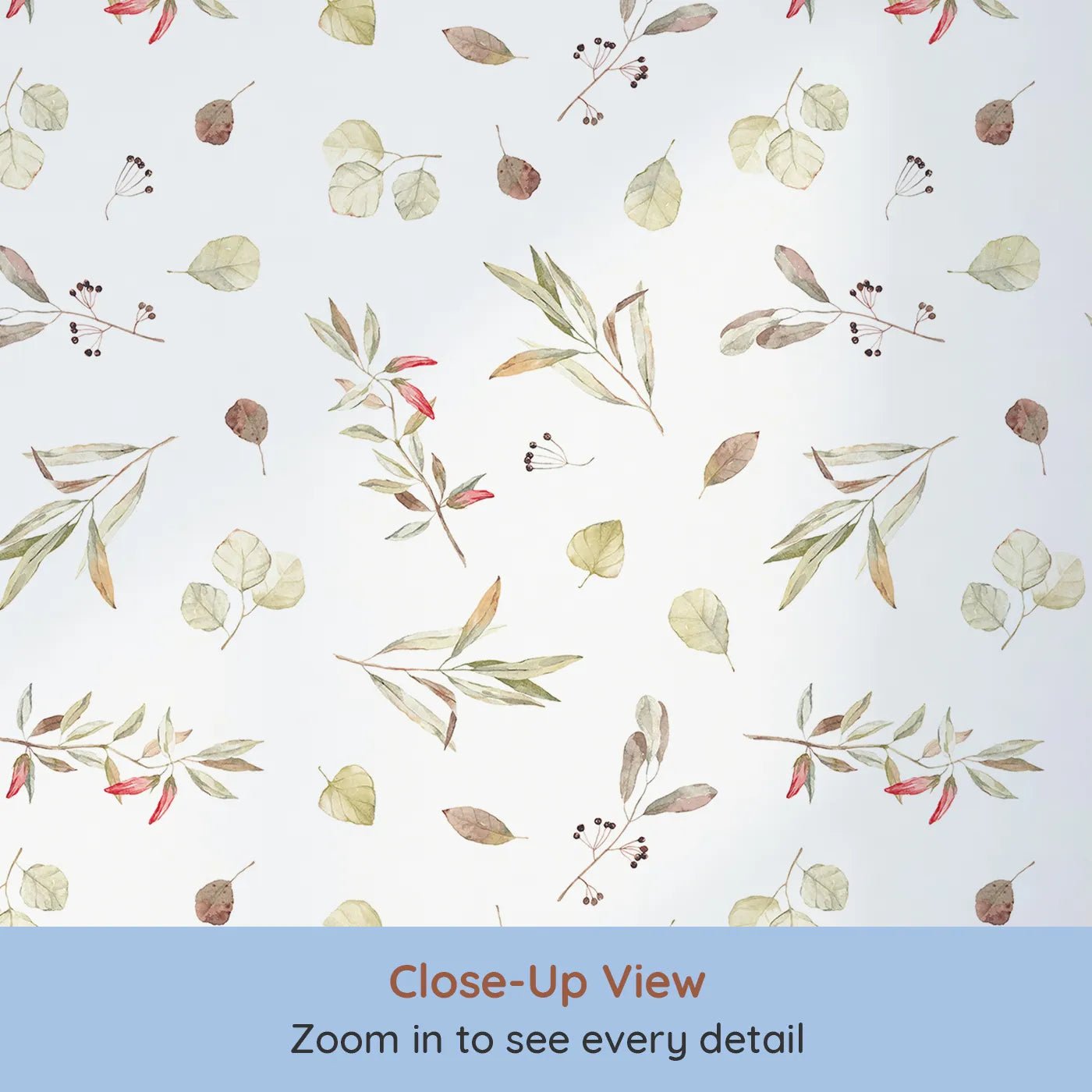 Close-up view of Whimsy Tots' Autumn Eucalyptus Leaves Wallpaper (W2112).Where soft, painted leaves drift on a quiet breeze.