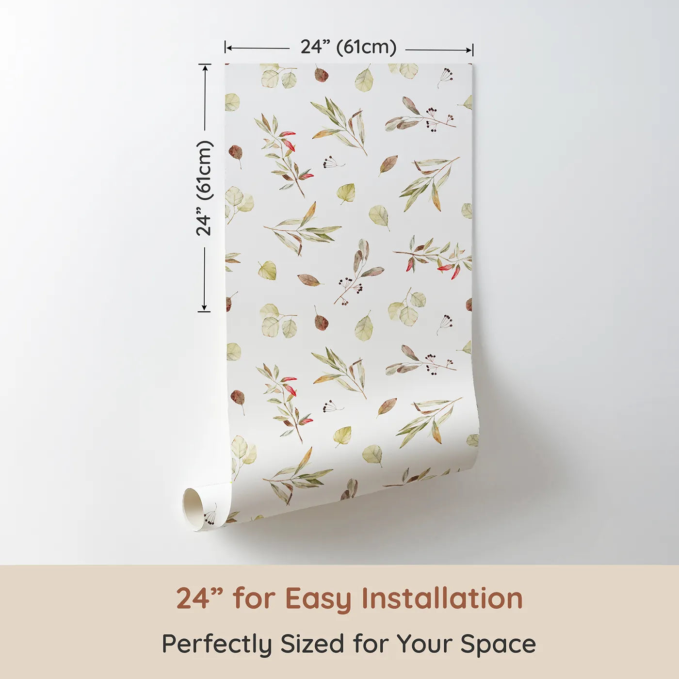 Dimension view of Whimsy Tots Autumn Eucalyptus Leaves Wallpaper (W2112). Printed in 24-inch-wide panel for easy installation. Where soft, painted leaves drift on a quiet breeze.