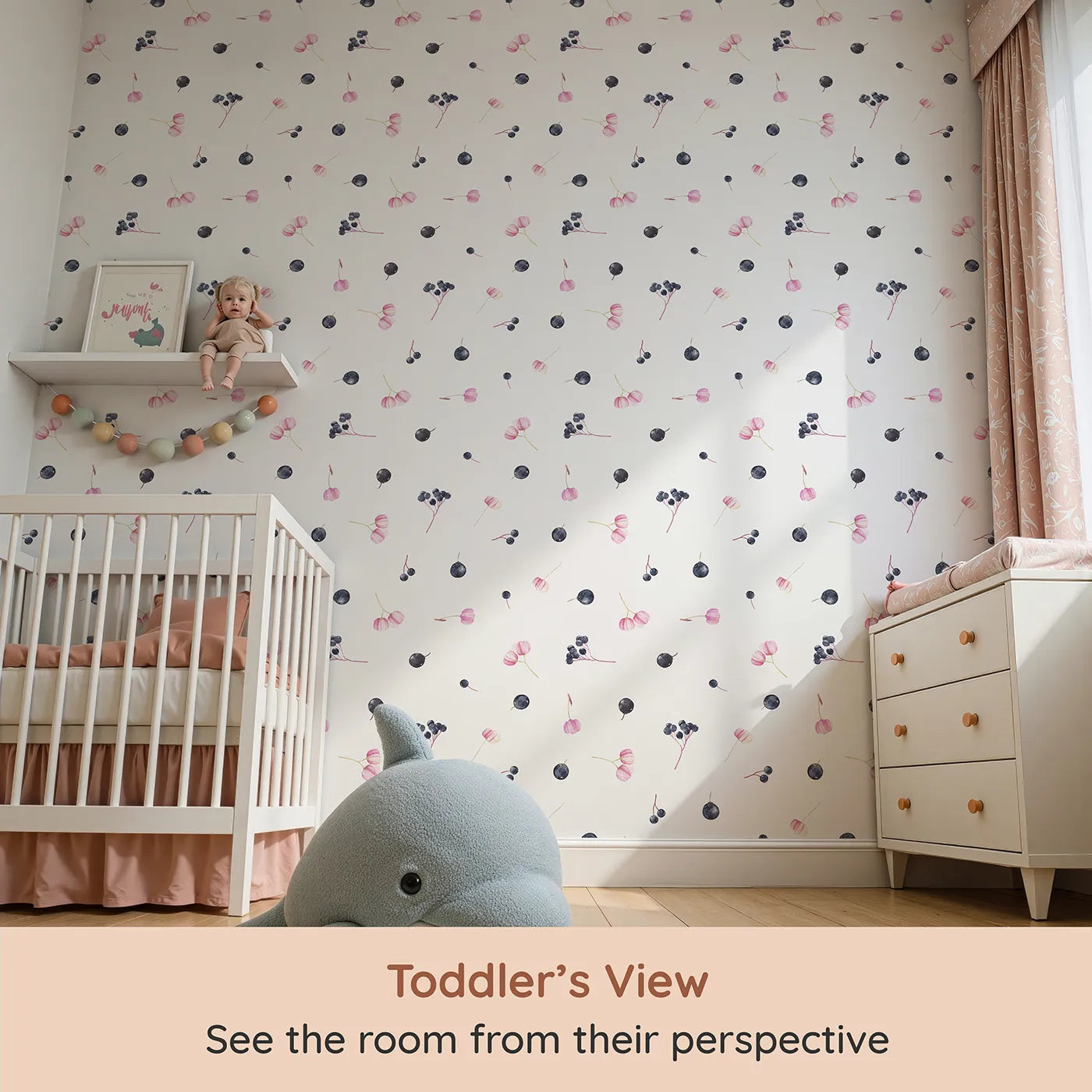 Whimsy Tots Watercolor Berries and Blooms Wallpaper (W2113) from your child's view.Where sweet berries and simple flowers are scattered like jewels.