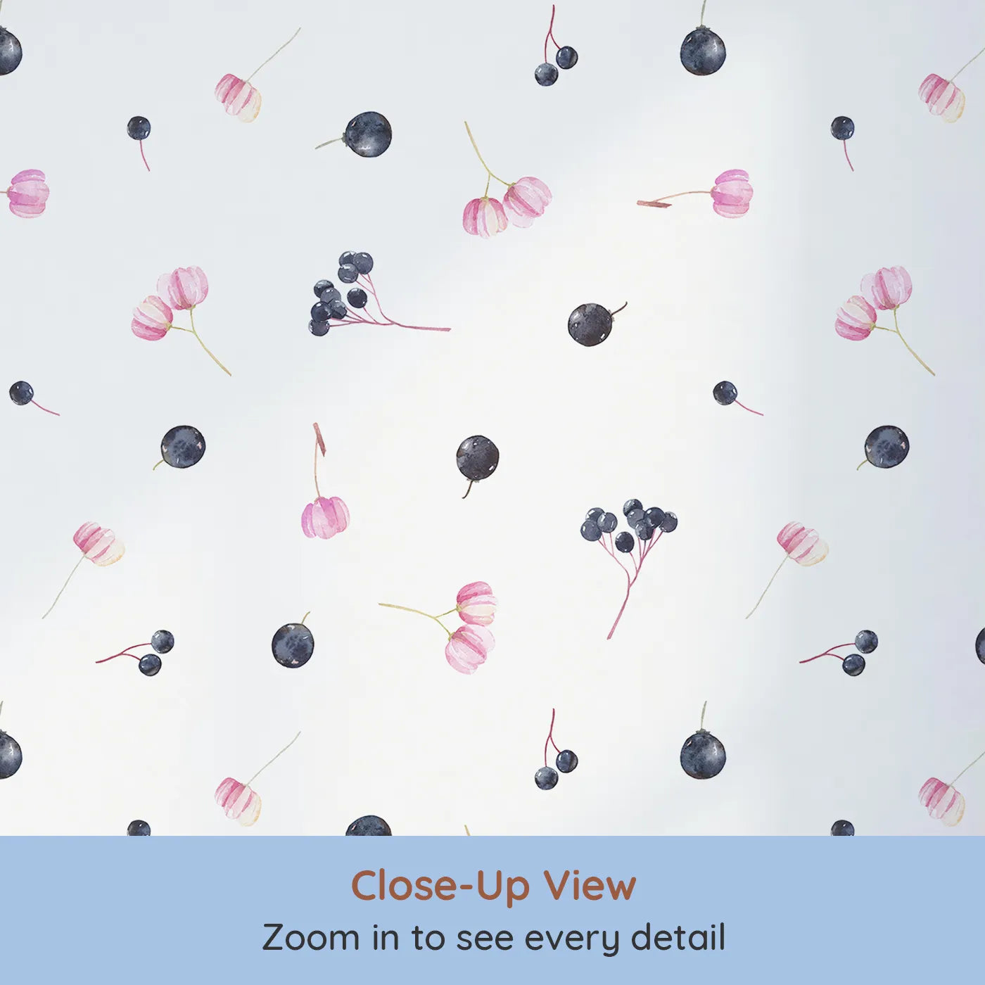 Close-up view of Whimsy Tots' Watercolor Berries and Blooms Wallpaper (W2113).Where sweet berries and simple flowers are scattered like jewels.