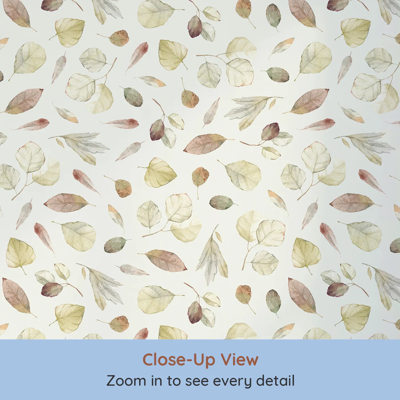 Close-up view of Whimsy Tots' Faded Autumn Leaves Wallpaper (W2114).Where a carpet of soft, fallen leaves creates a cozy nest.