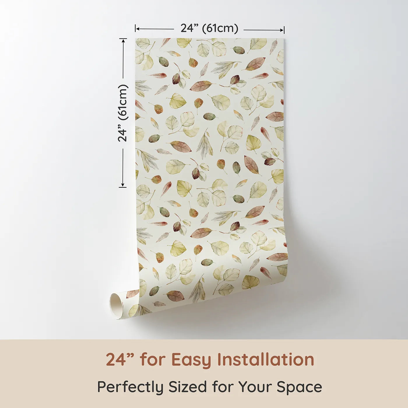 Dimension view of Whimsy Tots Faded Autumn Leaves Wallpaper (W2114). Printed in 24-inch-wide panel for easy installation. Where a carpet of soft, fallen leaves creates a cozy nest.