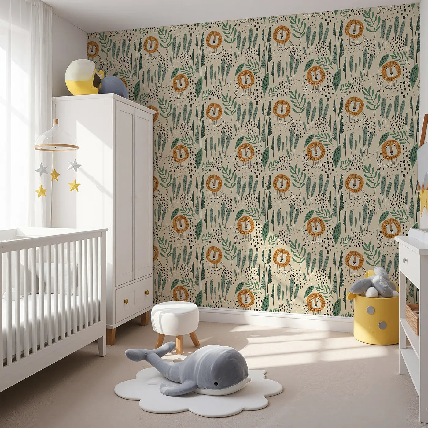Angled view of Whimsy Tots' Jungle Lion Hideaway Wallpaper (W2115).Where a friendly lion peeks out from behind modern, leafy greens.