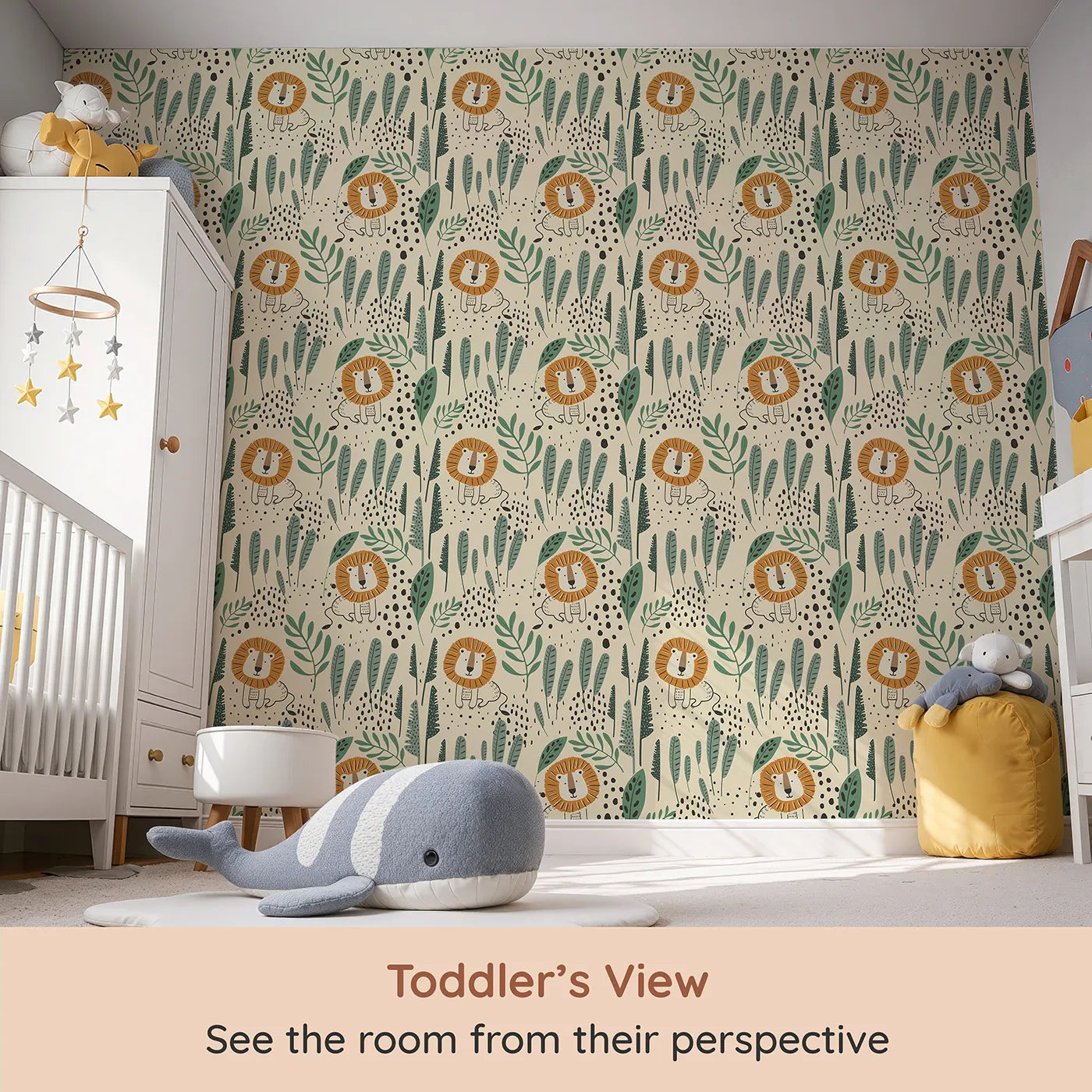 Whimsy Tots Jungle Lion Hideaway Wallpaper (W2115) from your child's view.Where a friendly lion peeks out from behind modern, leafy greens.