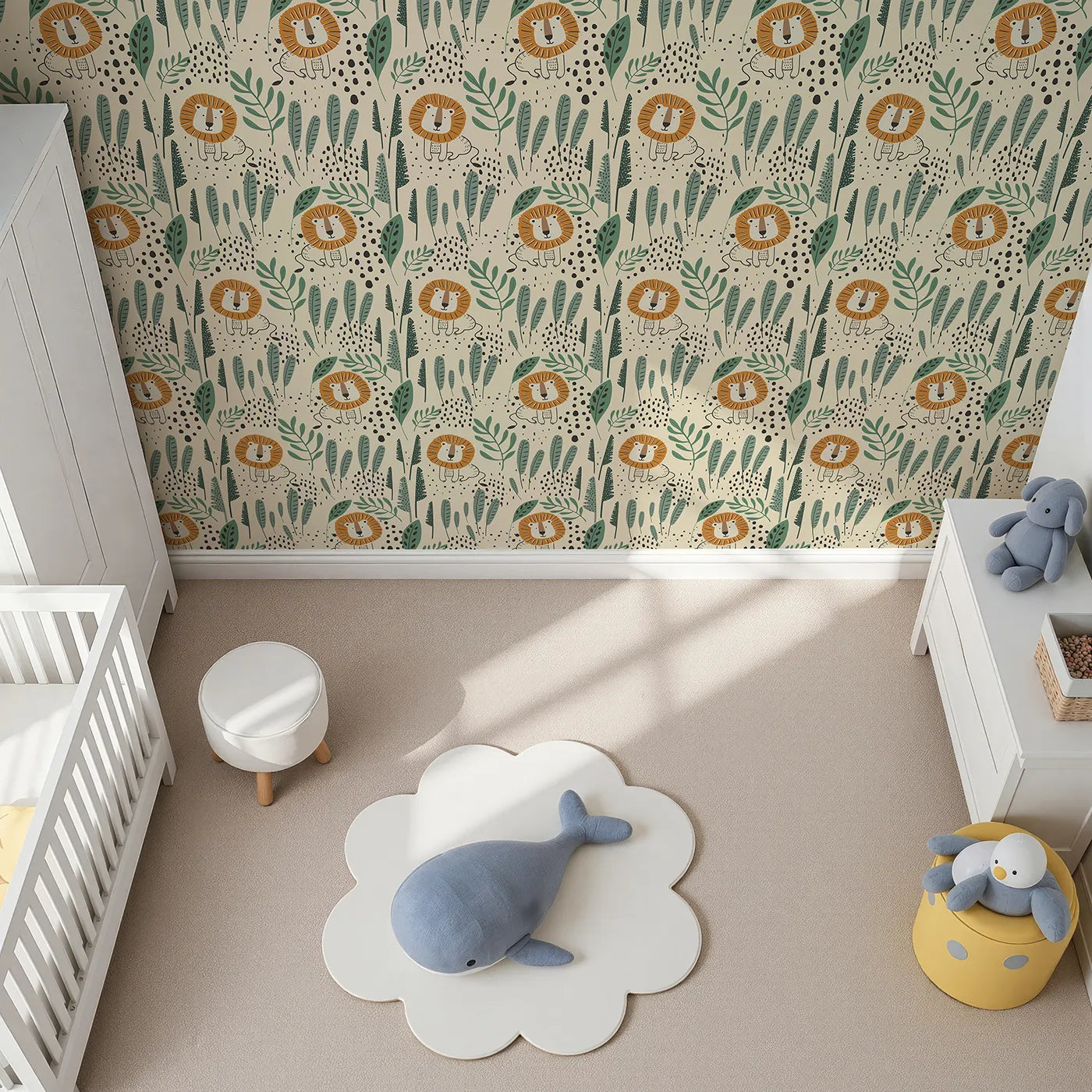 Top-Down view of Whimsy Tots' Jungle Lion Hideaway Wallpaper (W2115).Where a friendly lion peeks out from behind modern, leafy greens.