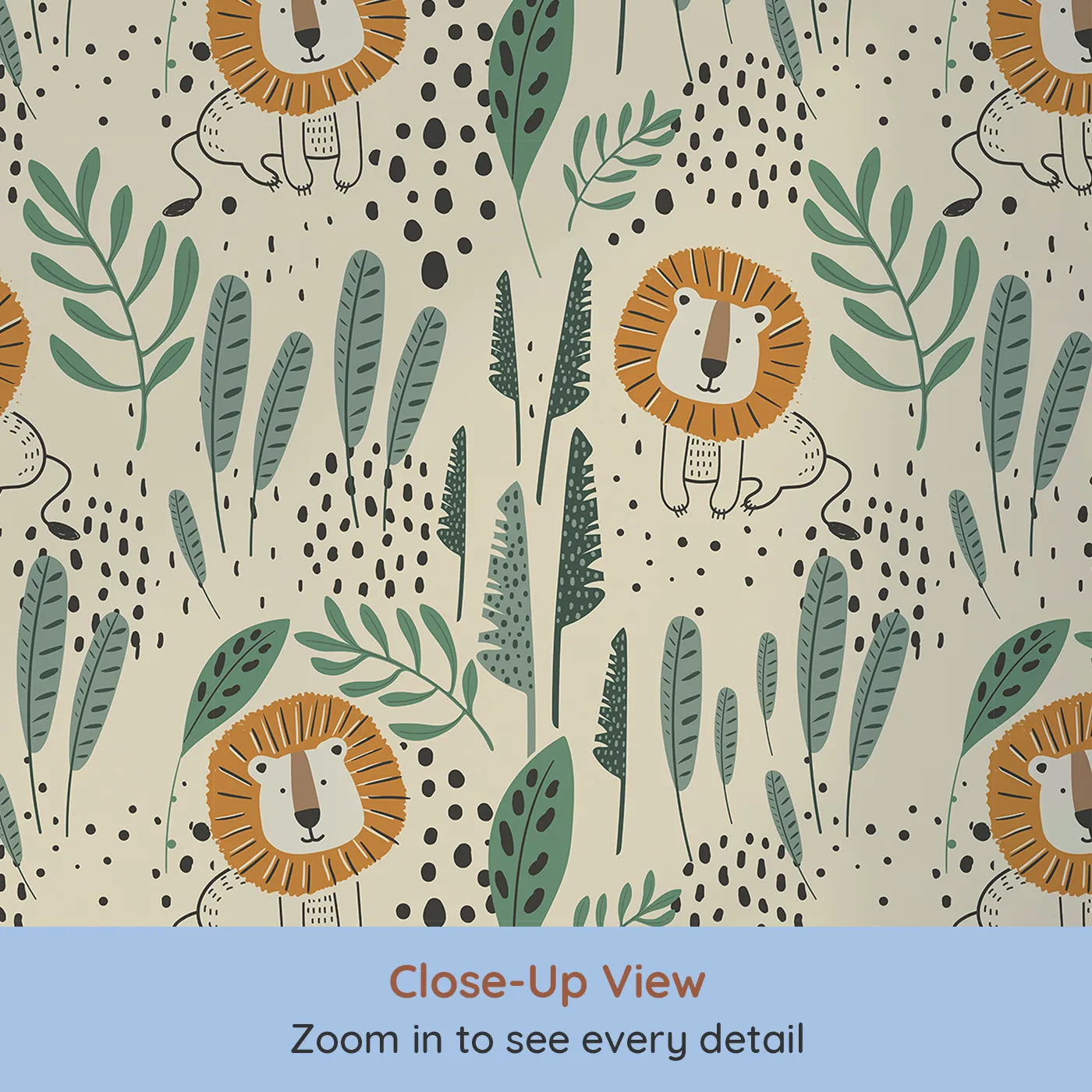 Close-up view of Whimsy Tots' Jungle Lion Hideaway Wallpaper (W2115).Where a friendly lion peeks out from behind modern, leafy greens.
