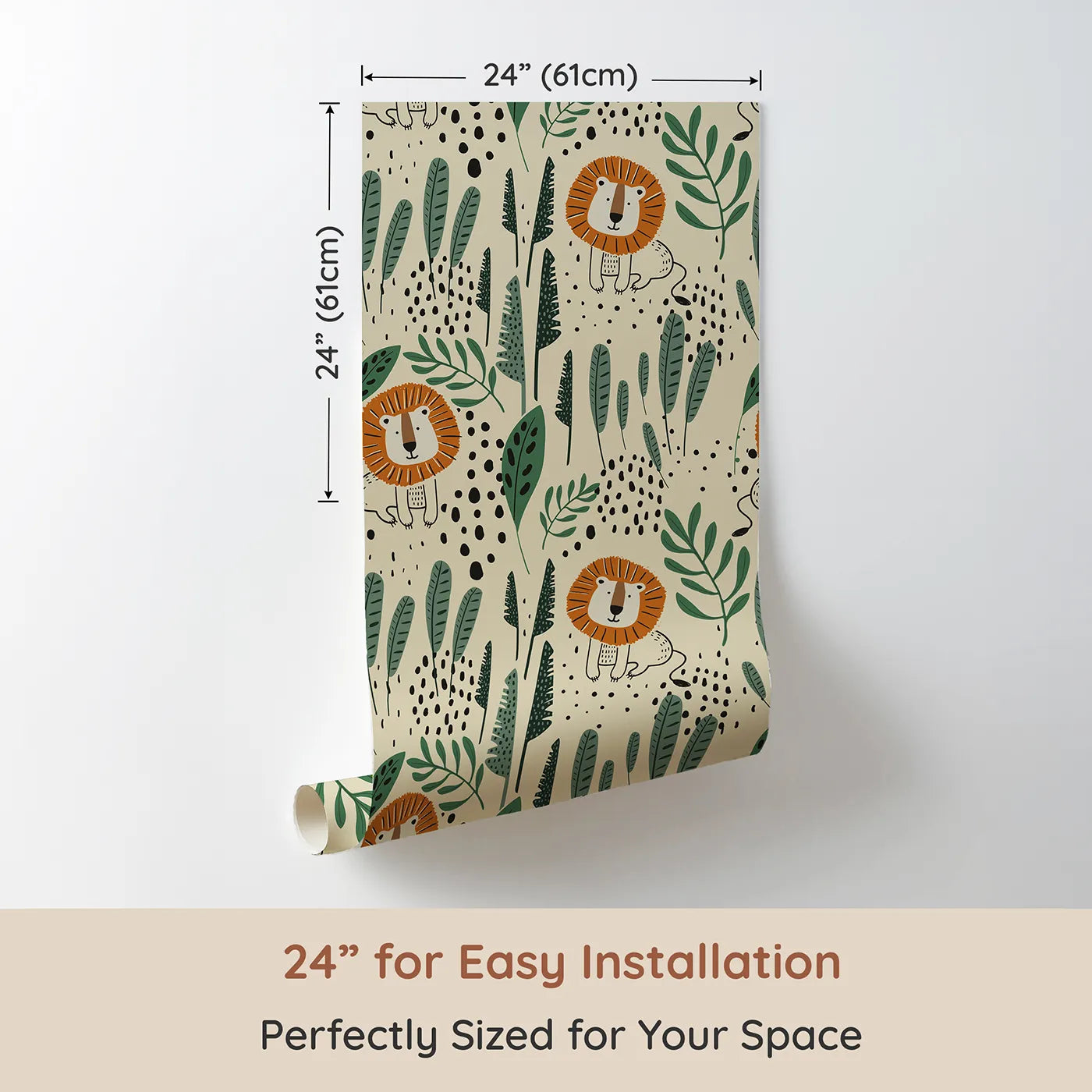 Dimension view of Whimsy Tots Jungle Lion Hideaway Wallpaper (W2115). Printed in 24-inch-wide panel for easy installation. Where a friendly lion peeks out from behind modern, leafy greens.