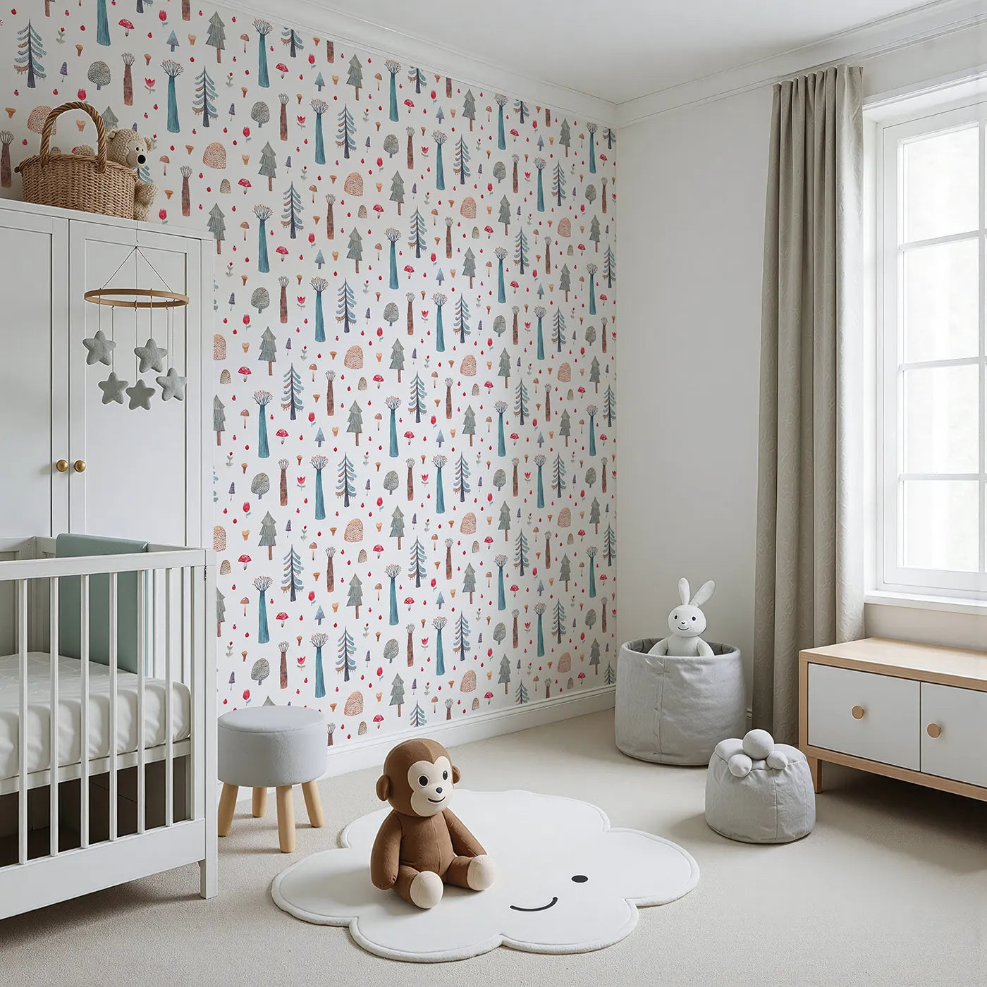 Angled view of Whimsy Tots' Whimsical Watercolor Forest Wallpaper (W2116).Where every tree and mushroom is a tiny work of art.