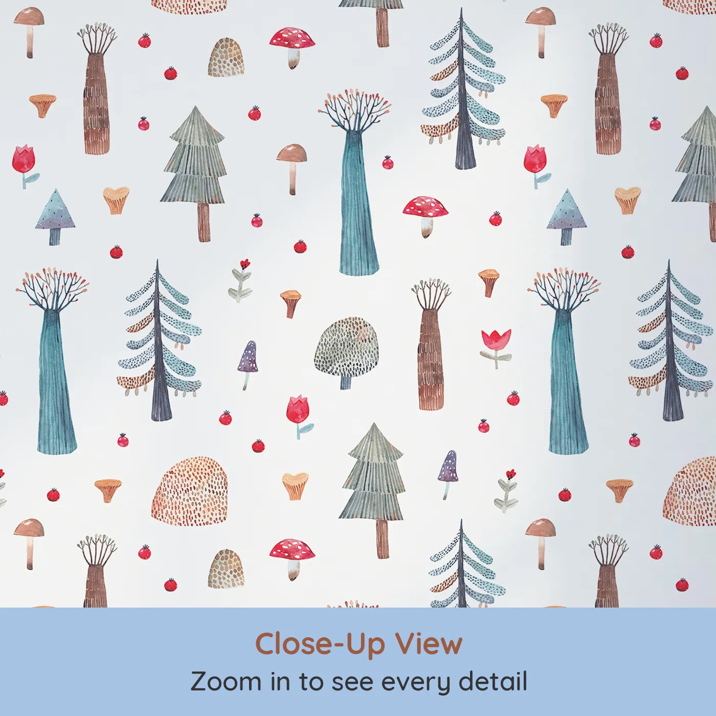 Close-up view of Whimsy Tots' Whimsical Watercolor Forest Wallpaper (W2116).Where every tree and mushroom is a tiny work of art.