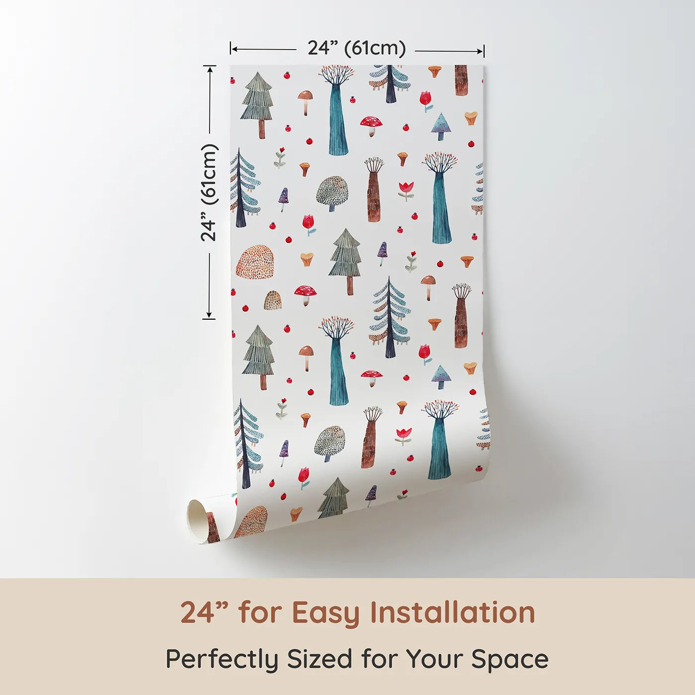 Dimension view of Whimsy Tots Whimsical Watercolor Forest Wallpaper (W2116). Printed in 24-inch-wide panel for easy installation. Where every tree and mushroom is a tiny work of art.