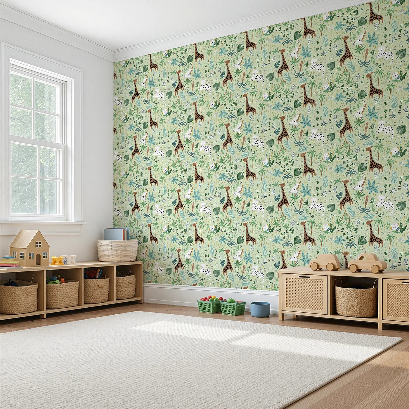 Angled view of Whimsy Tots' Busy Jungle Friends Playtime Wallpaper (W2118).Where happy jungle animals play among the palms and vines.