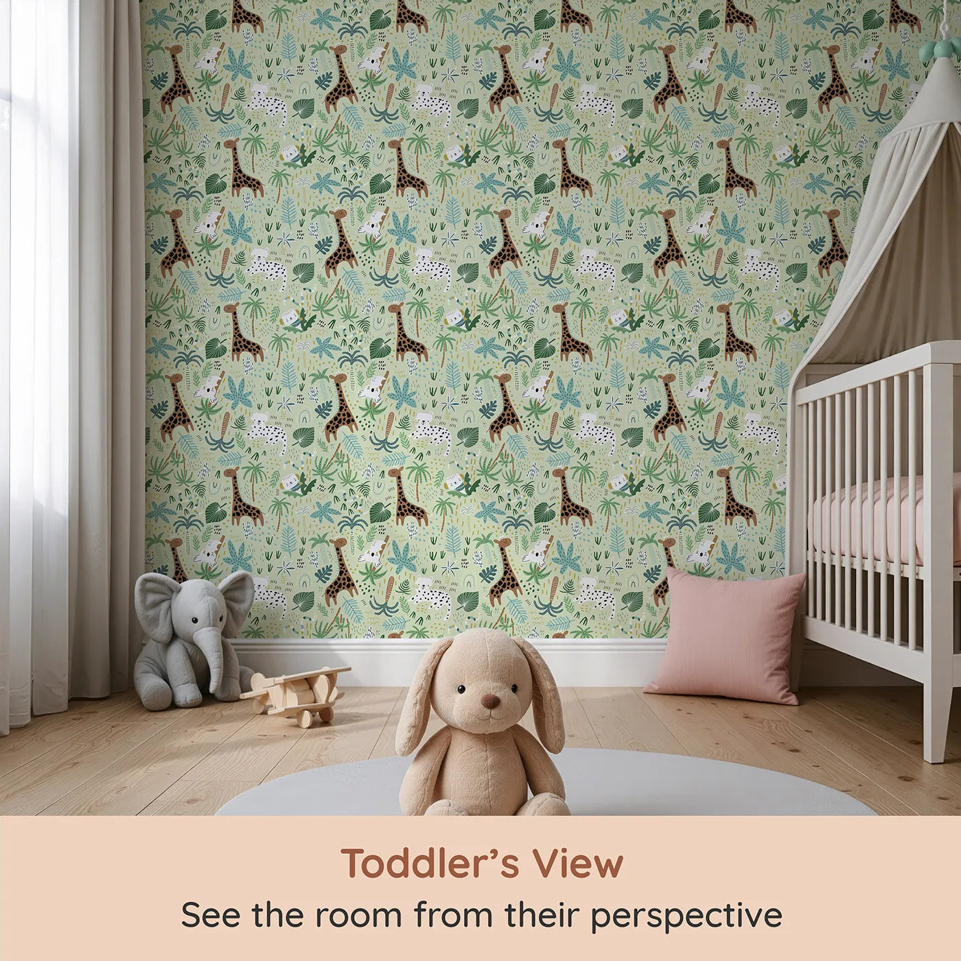 Whimsy Tots Busy Jungle Friends Playtime Wallpaper (W2118) from your child's view.Where happy jungle animals play among the palms and vines.