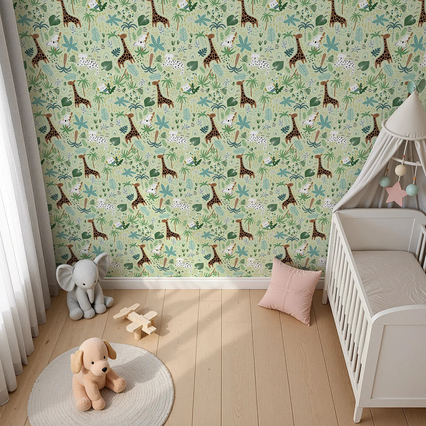 Top-Down view of Whimsy Tots' Busy Jungle Friends Playtime Wallpaper (W2118).Where happy jungle animals play among the palms and vines.