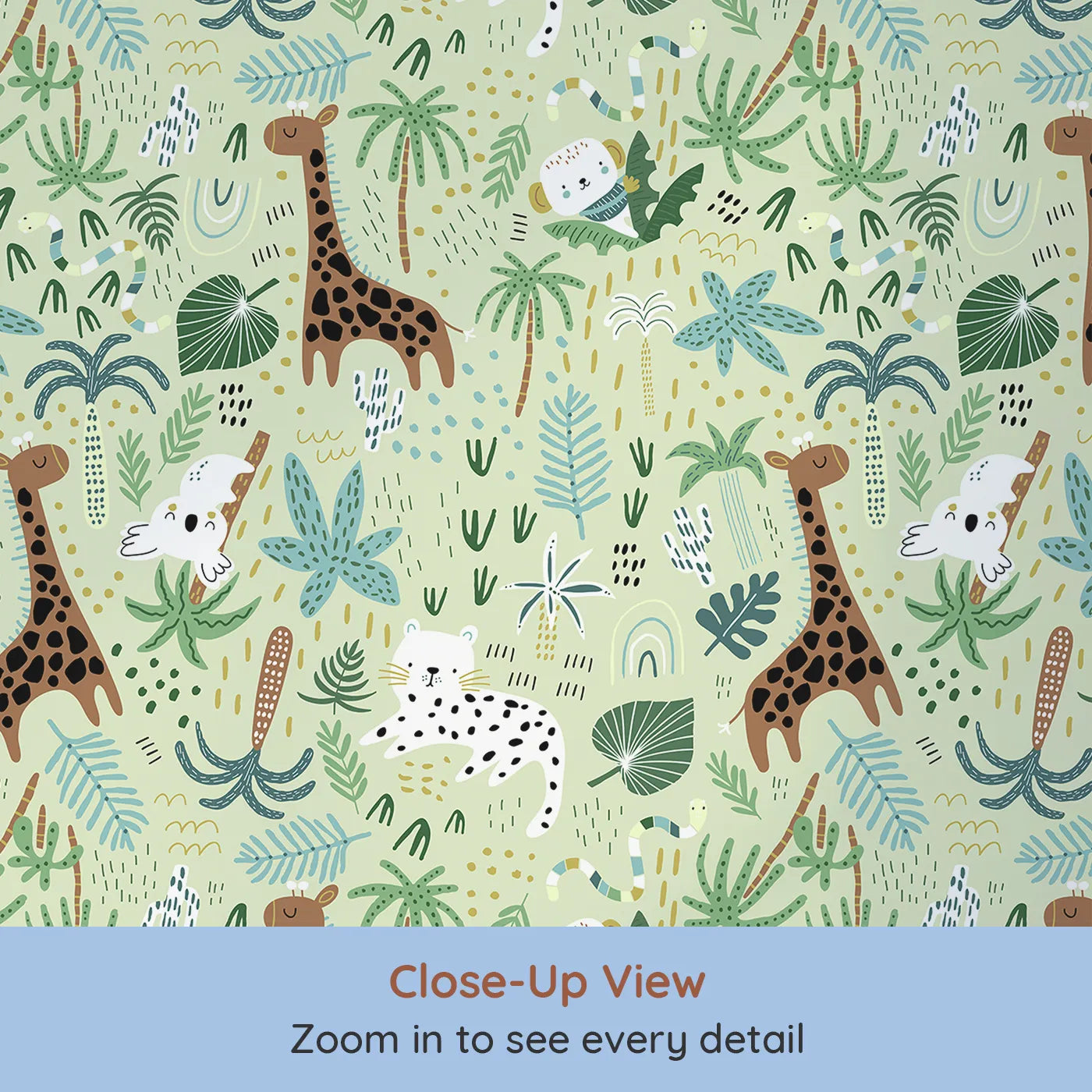 Close-up view of Whimsy Tots' Busy Jungle Friends Playtime Wallpaper (W2118).Where happy jungle animals play among the palms and vines.
