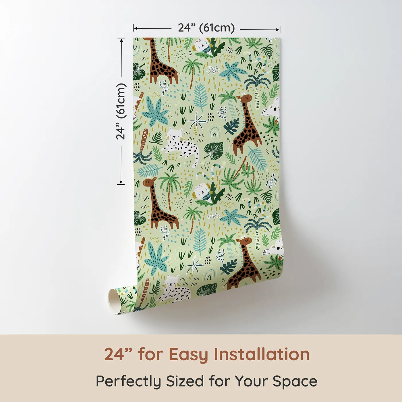 Dimension view of Whimsy Tots Busy Jungle Friends Playtime Wallpaper (W2118). Printed in 24-inch-wide panel for easy installation. Where happy jungle animals play among the palms and vines.