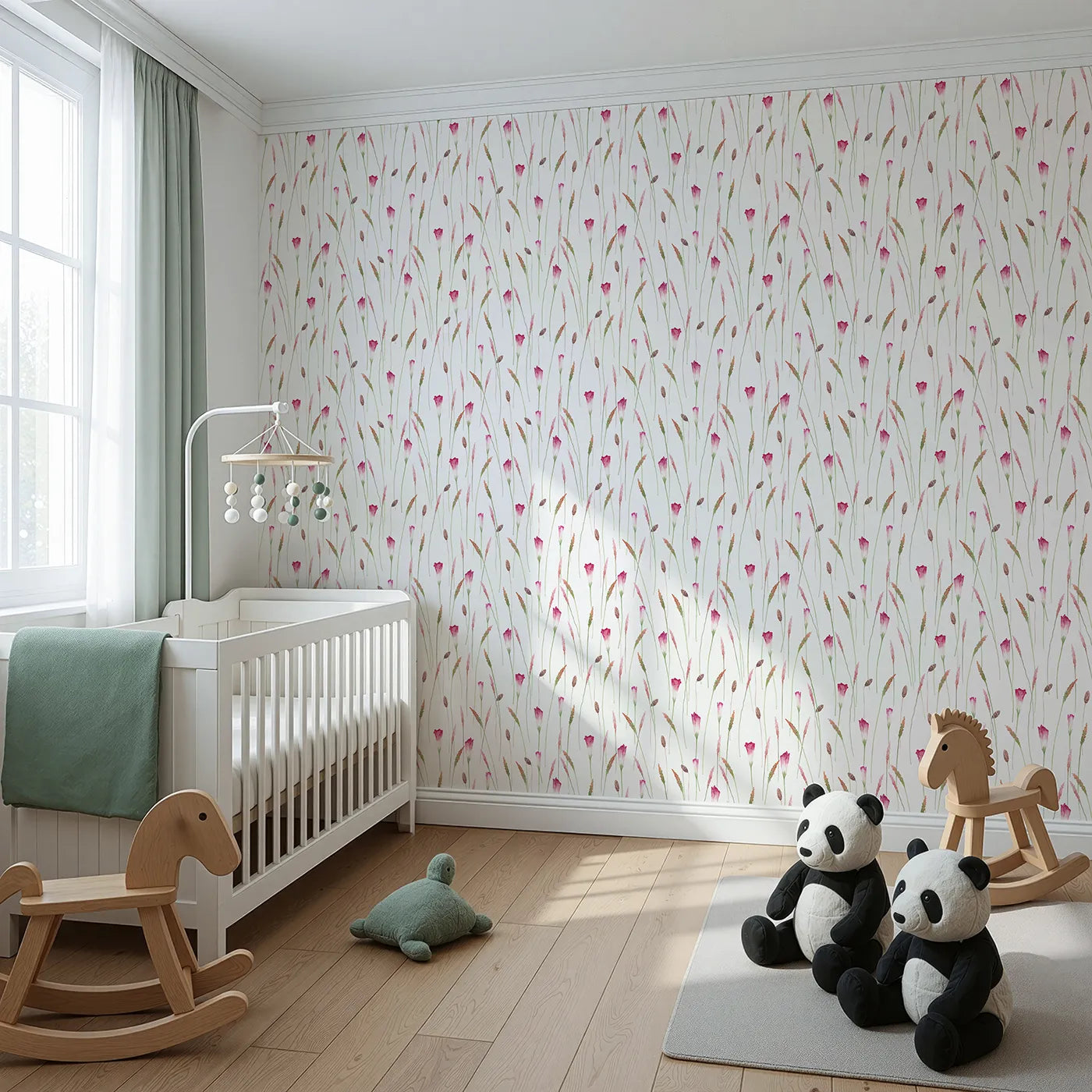 Angled view of Whimsy Tots' Watercolor Wild Grasses Wallpaper (W2119).Where delicate grasses and flowers sway in an imaginary breeze.