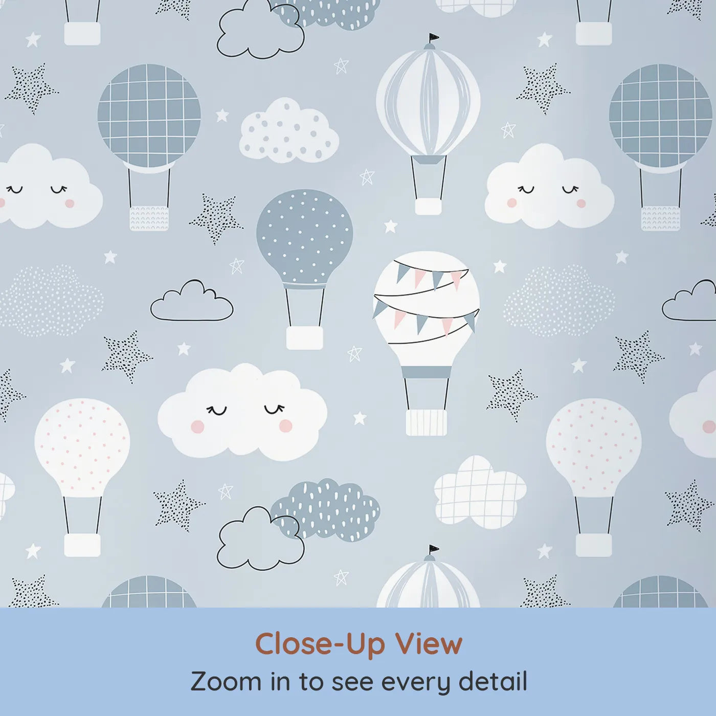 Close-up view of Whimsy Tots' Dreamy Hot Air Balloon Sky Wallpaper (W2120).Where sleepy clouds and happy balloons float in a peaceful sky.