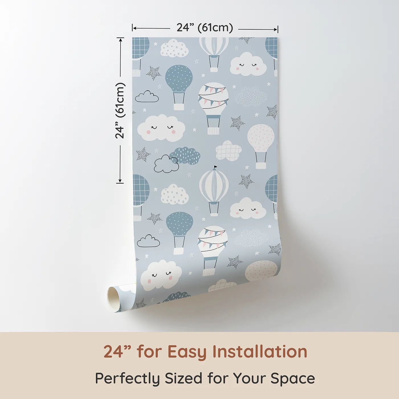 Dimension view of Whimsy Tots Dreamy Hot Air Balloon Sky Wallpaper (W2120). Printed in 24-inch-wide panel for easy installation. Where sleepy clouds and happy balloons float in a peaceful sky.