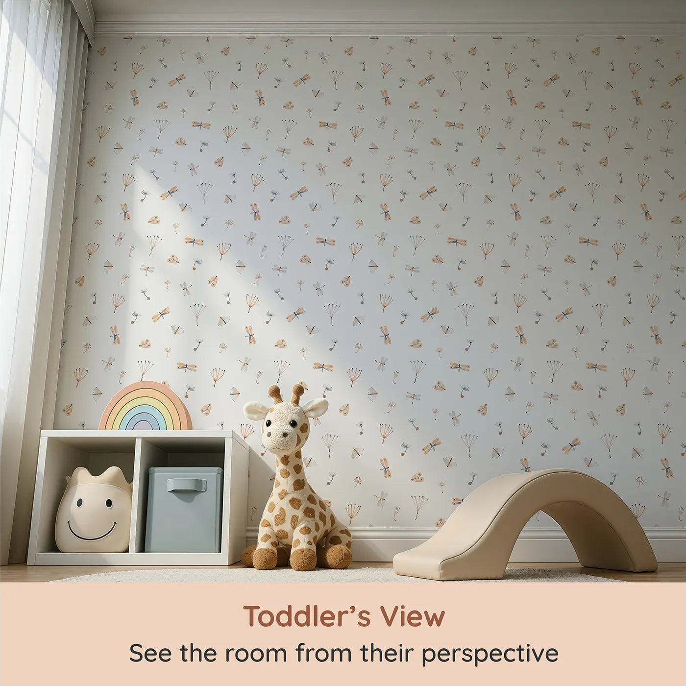 Whimsy Tots Watercolor Dragonfly Garden Wallpaper (W2121) from your child's view.Where delicate dragonflies and dandelion wishes float on the air.