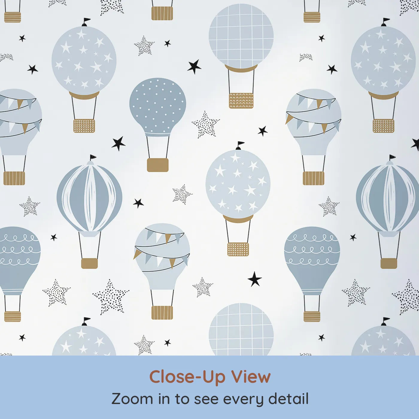 Close-up view of Whimsy Tots' Blue Hot Air Balloon Festival Wallpaper (W2122).Where a festival of balloons is always ready for takeoff.