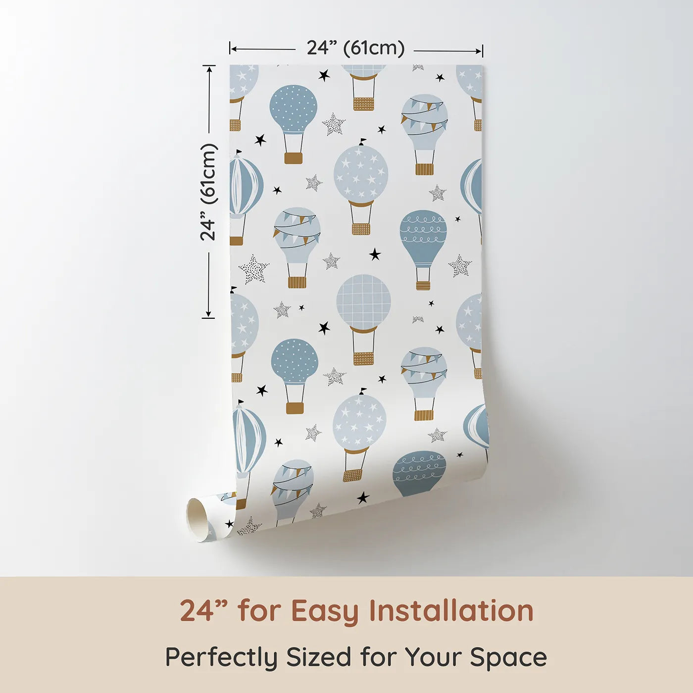 Dimension view of Whimsy Tots Blue Hot Air Balloon Festival Wallpaper (W2122). Printed in 24-inch-wide panel for easy installation. Where a festival of balloons is always ready for takeoff.