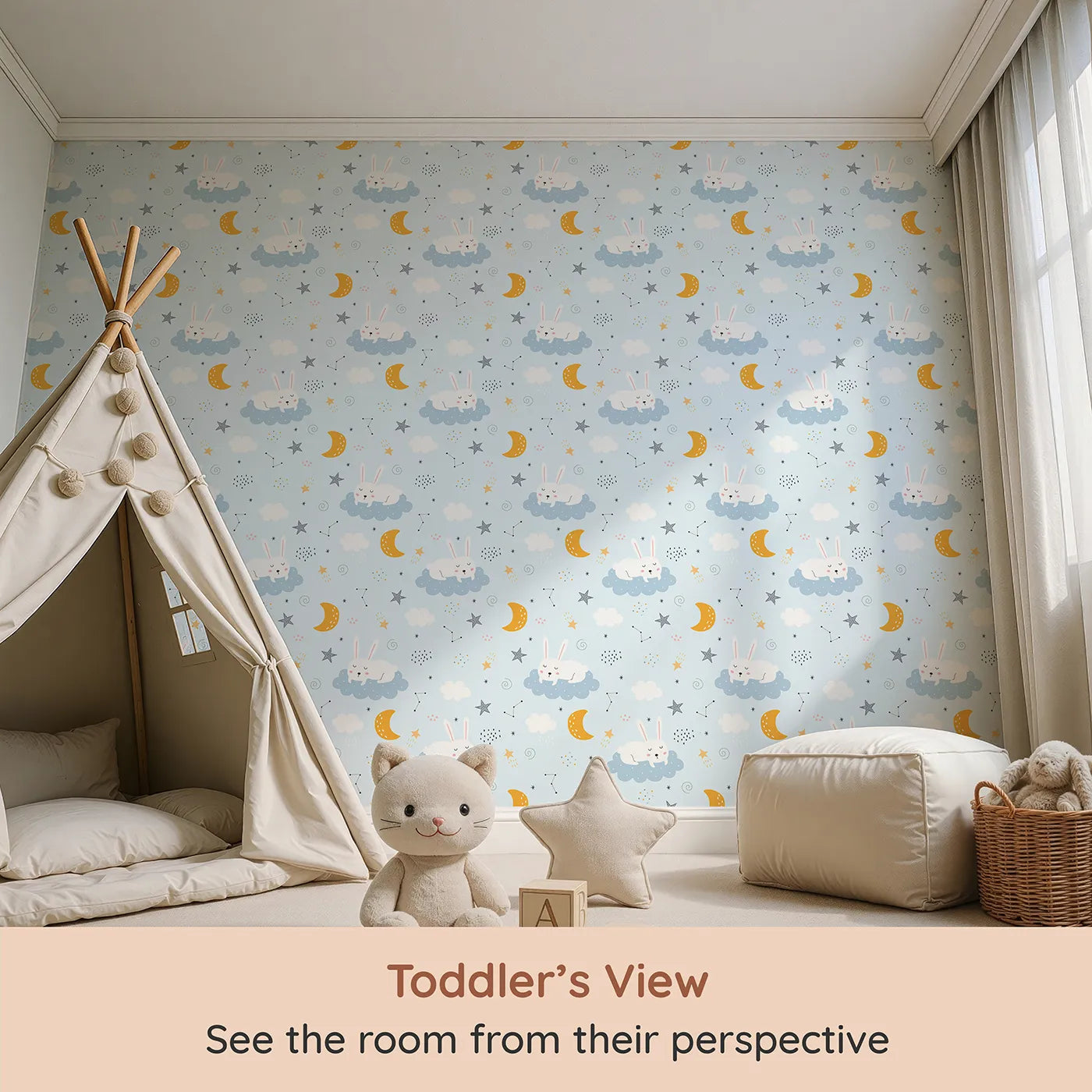 Whimsy Tots Sleepy Bunny Starry Sky Wallpaper (W2123) from your child's view.Where sleepy bunnies nap on clouds under a starry sky.